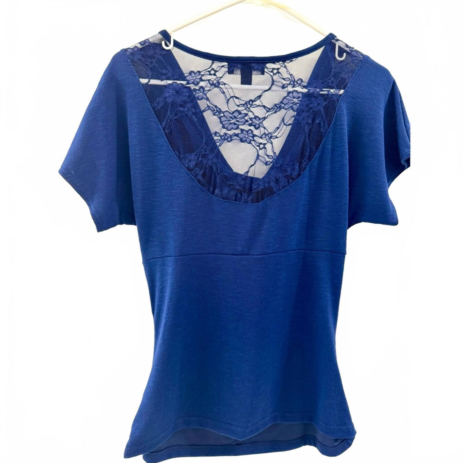 Designer Y2k Inspired Royal Blue Cowl Neck Ruched Lace Top- Size M Size M / US 6-8 / IT 42-44 - 2 Thumbnail
