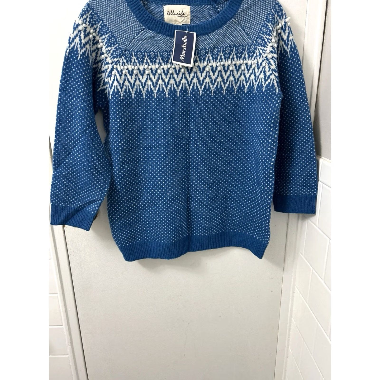 CO Telluride Clothing Co. Sweater Womens Large Blue White Crew Knit Raglan Sleeve NWT Beaded Fair Isle Pullover Casual Season Winter Holiday 3/4 Sleeve Size L / US 10 / IT 46 - 3 Thumbnail