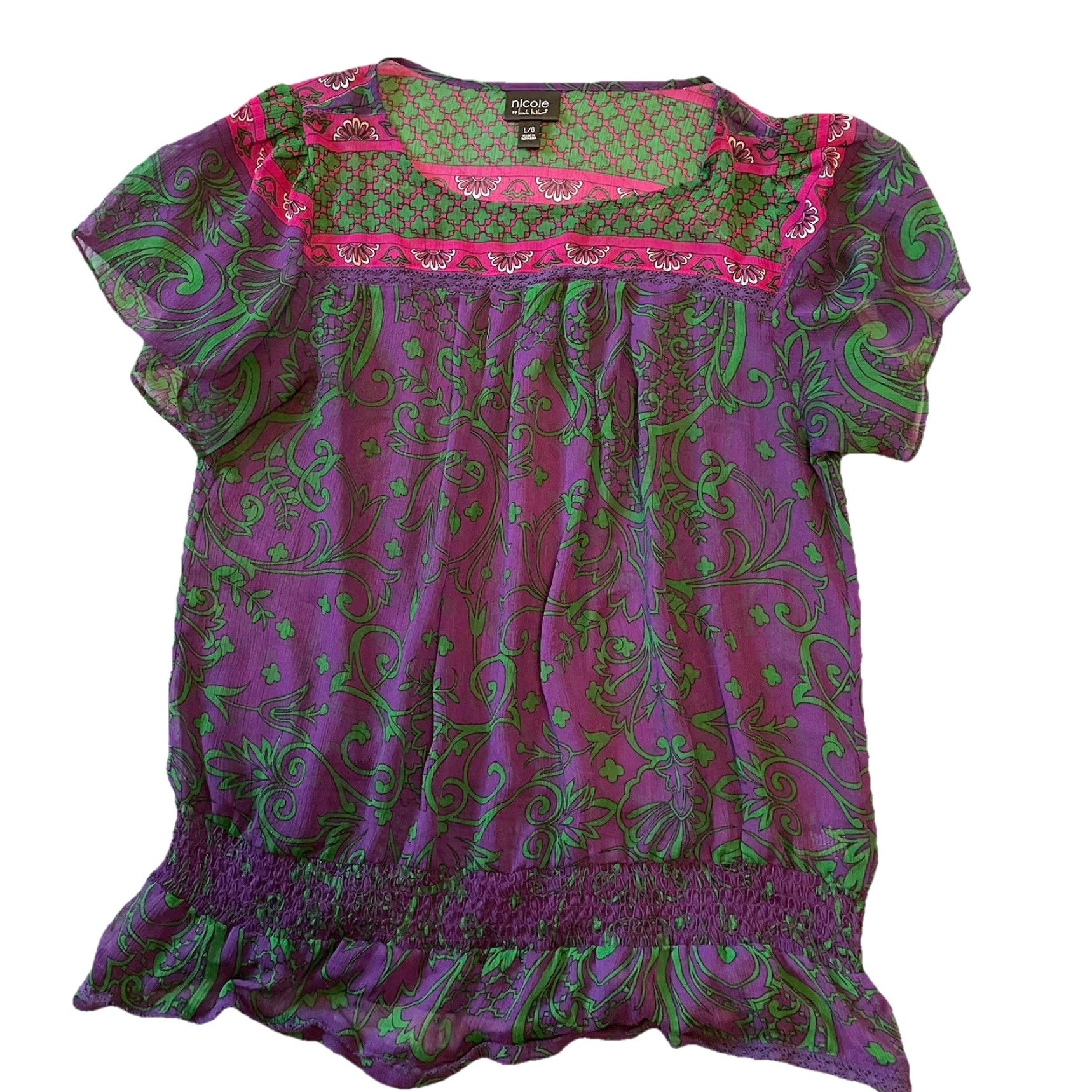 Nicole Miller Nicole Miller Blouse L Short Sleeve Sheer Purple Pink Green Boho Grunge Party Casual Womens Size L / US 10 / IT 46 - 5 Thumbnail