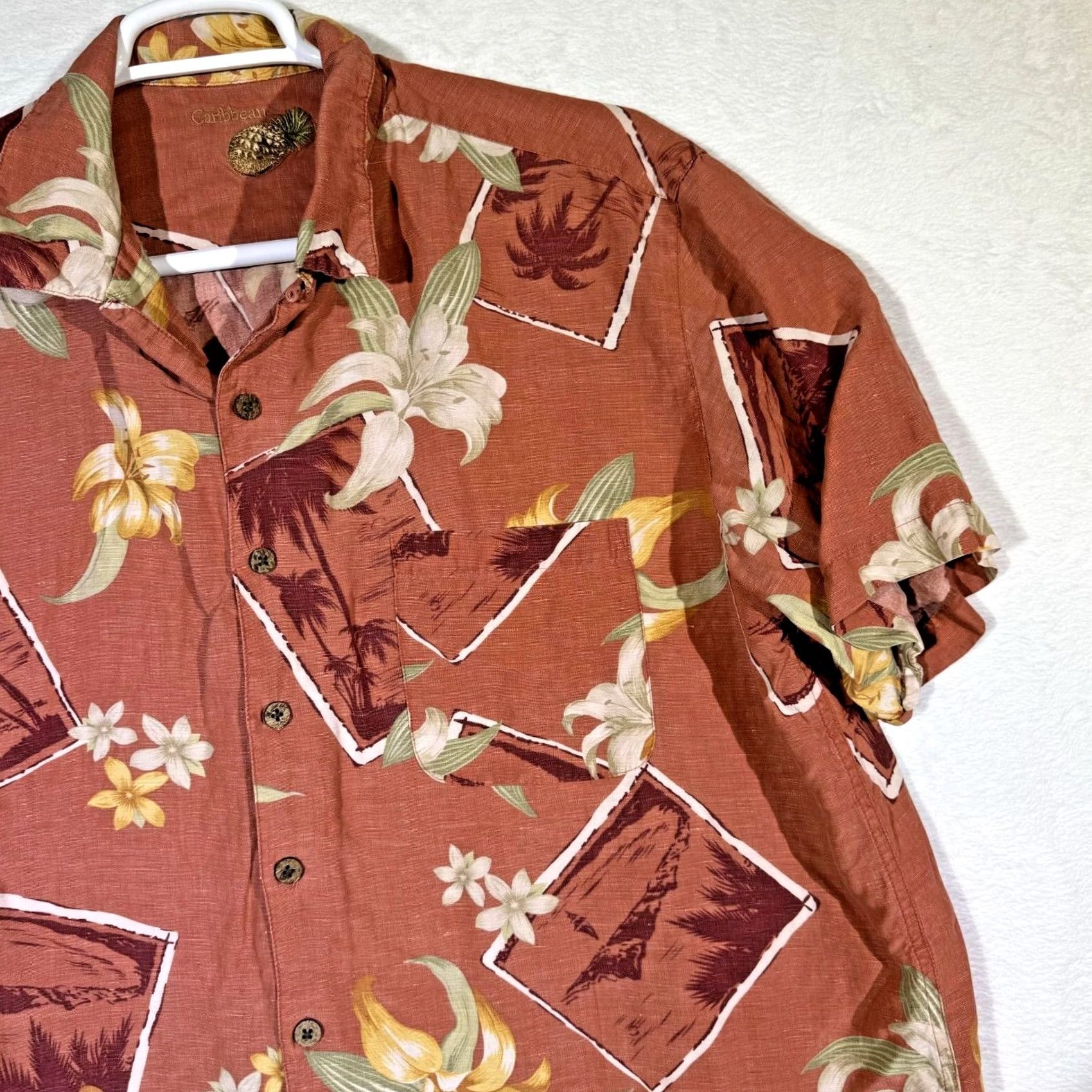 Vintage Caribbean Hawaiian Shirt XL Brown Silk-Linen Floral Button-Up Short Sleeve Men's Regular Size US XL / EU 56 / 4 - 6 Thumbnail