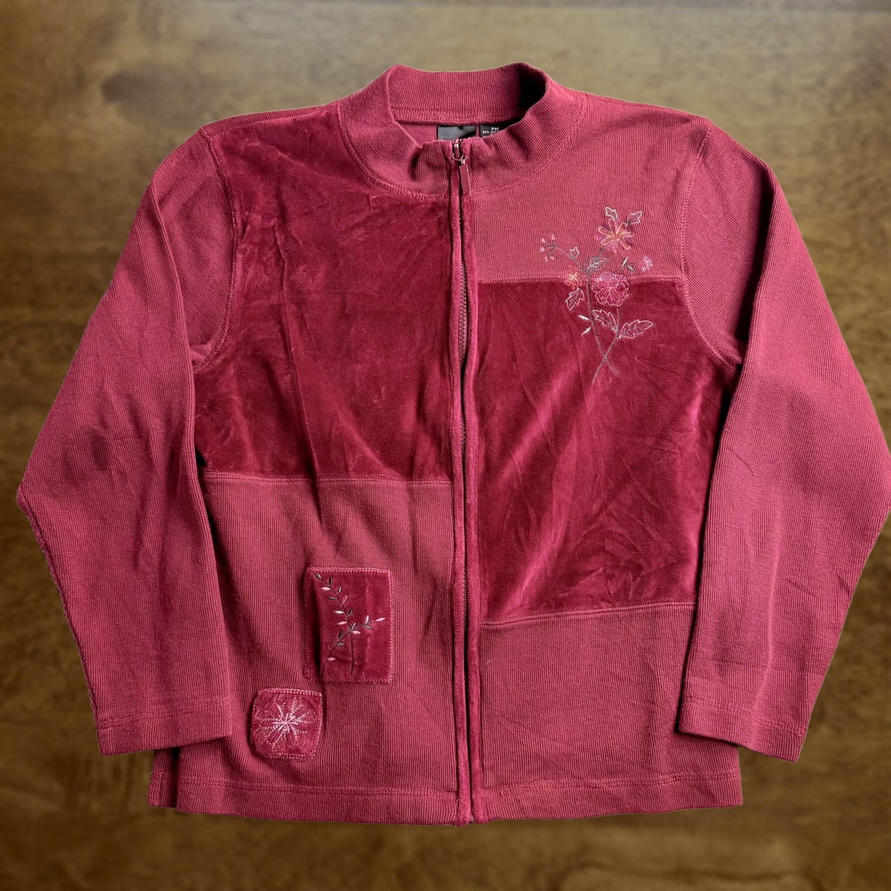 Velour VINTAGE Erika Sweater Women PM Red Mock Neck Floral Velour Full Zip Knit Size M / US 6-8 / IT 42-44 - 1 Thumbnail