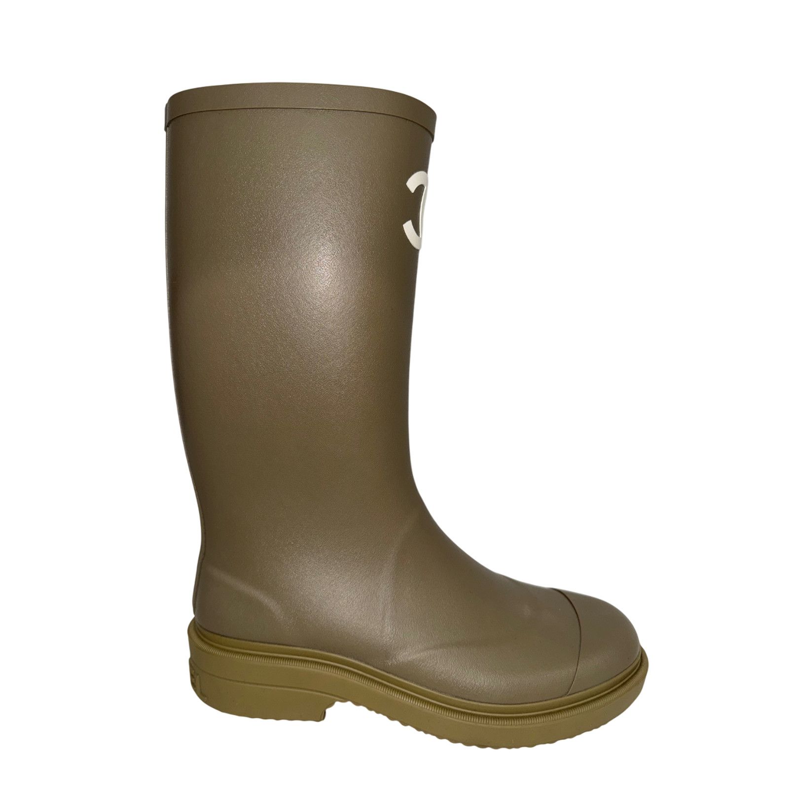 Chanel Dark Beige Moss Green White CC Logo High Rubber Rain Boot 42 Size US 12 / IT 42 - 2 Thumbnail