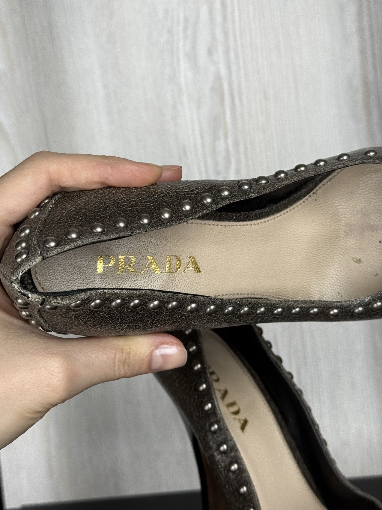 Prada Prada Grey/Black Studded Textured Leather Bow Pumps Sz 34.5 Size US 4.5 / IT 34.5 - 16 Thumbnail
