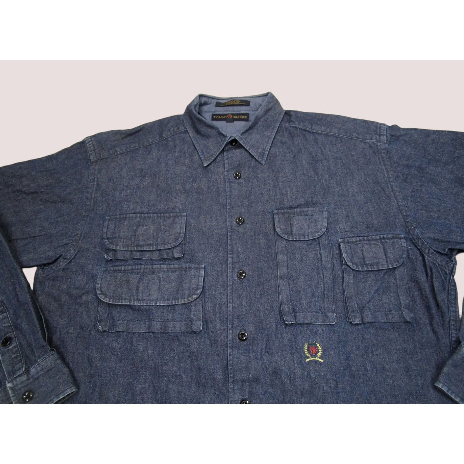 Tommy Hilfiger Tommy Hilfiger Shirt Mens Medium Blue Denim Utility Military Crest 4 Pocket Work Shirt Size US M / EU 48-50 / 2 - 1 Thumbnail