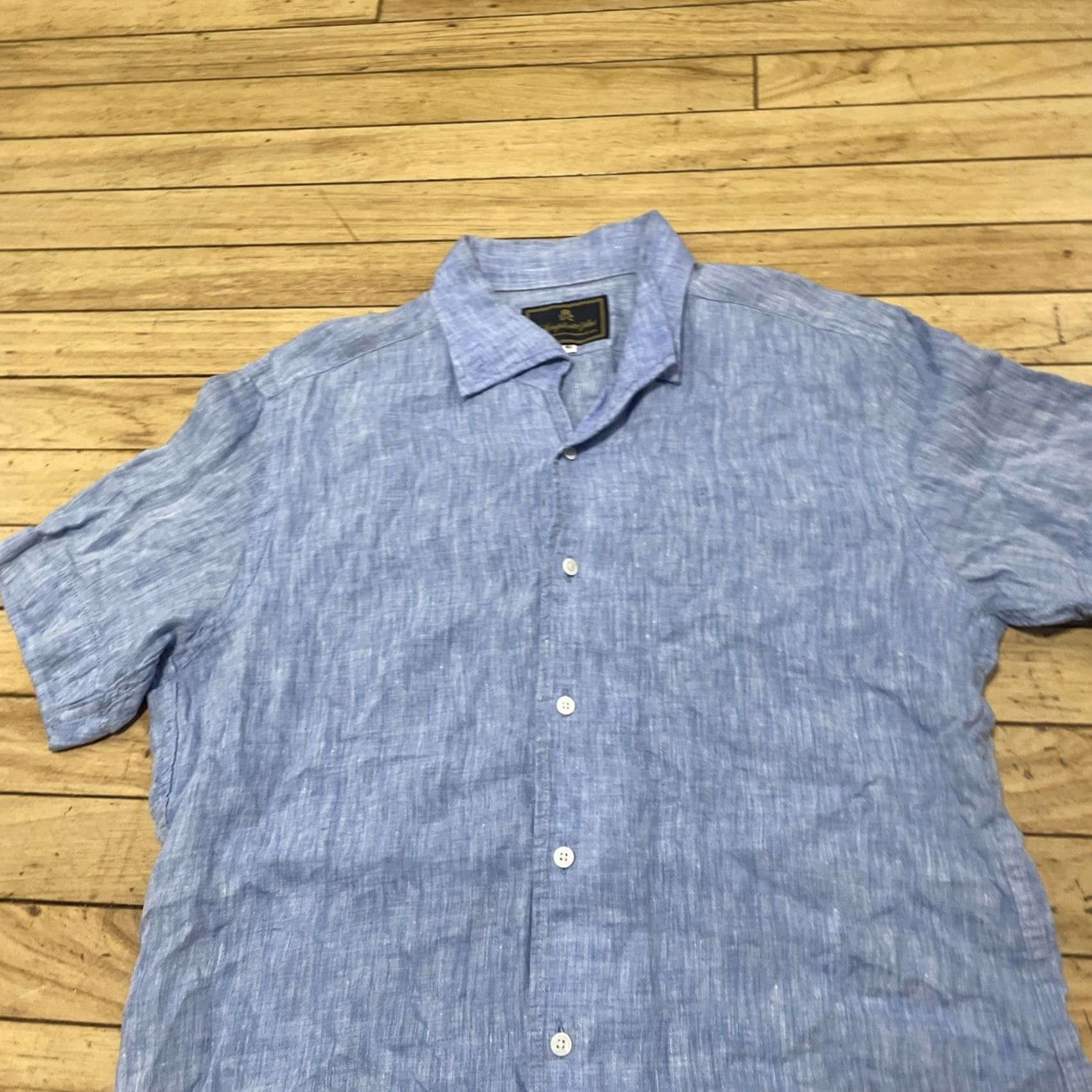 Vintage Simplicite Button-Up Shirt Men 40 Blue Linen Short Sleeve Casual Beach Nautical 90s Vintage Women? No Women. Mens Regular White? Wait. Size US M / EU 48-50 / 2 - 3 Thumbnail