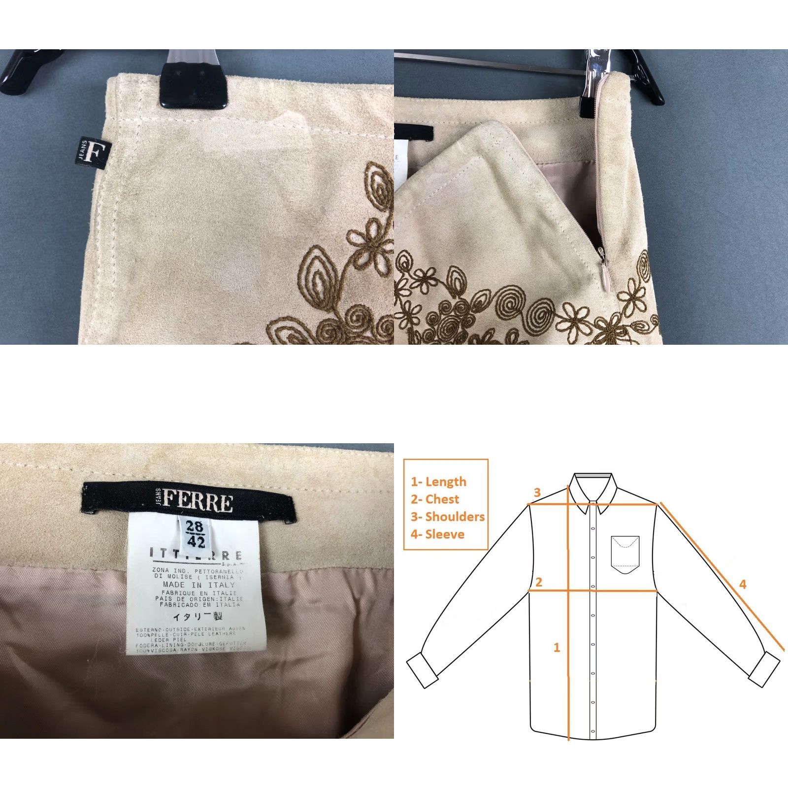 Vintage Ferre Leather Beige Skirt Suit Women Size S - Floral Velour Jacket & Skirt Set, 2 Piece, Lined, Full Zip, Single-Breasted, Vintage No, US Buyer Note! Size 28" / US 6 / IT 42 - 9 Thumbnail
