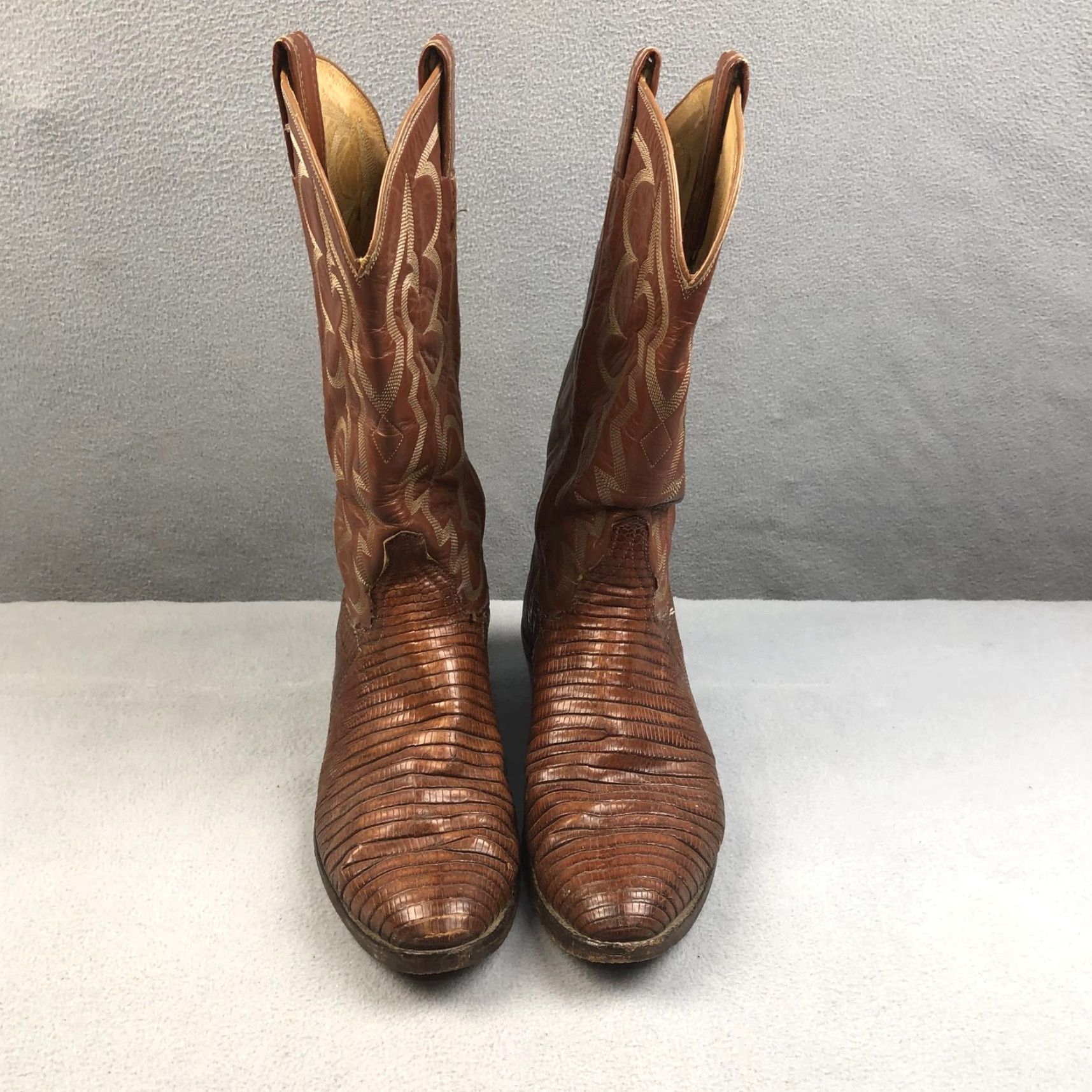 Tony Lama VINTAGE Tony Lama Boots Mens 9D Brown Teju Lizard Leather Cowboy Pointed Toe Mid-Calf Shaft Embroidered Western Workwear 490 Mens Size US 9 / EU 42 - 5 Thumbnail