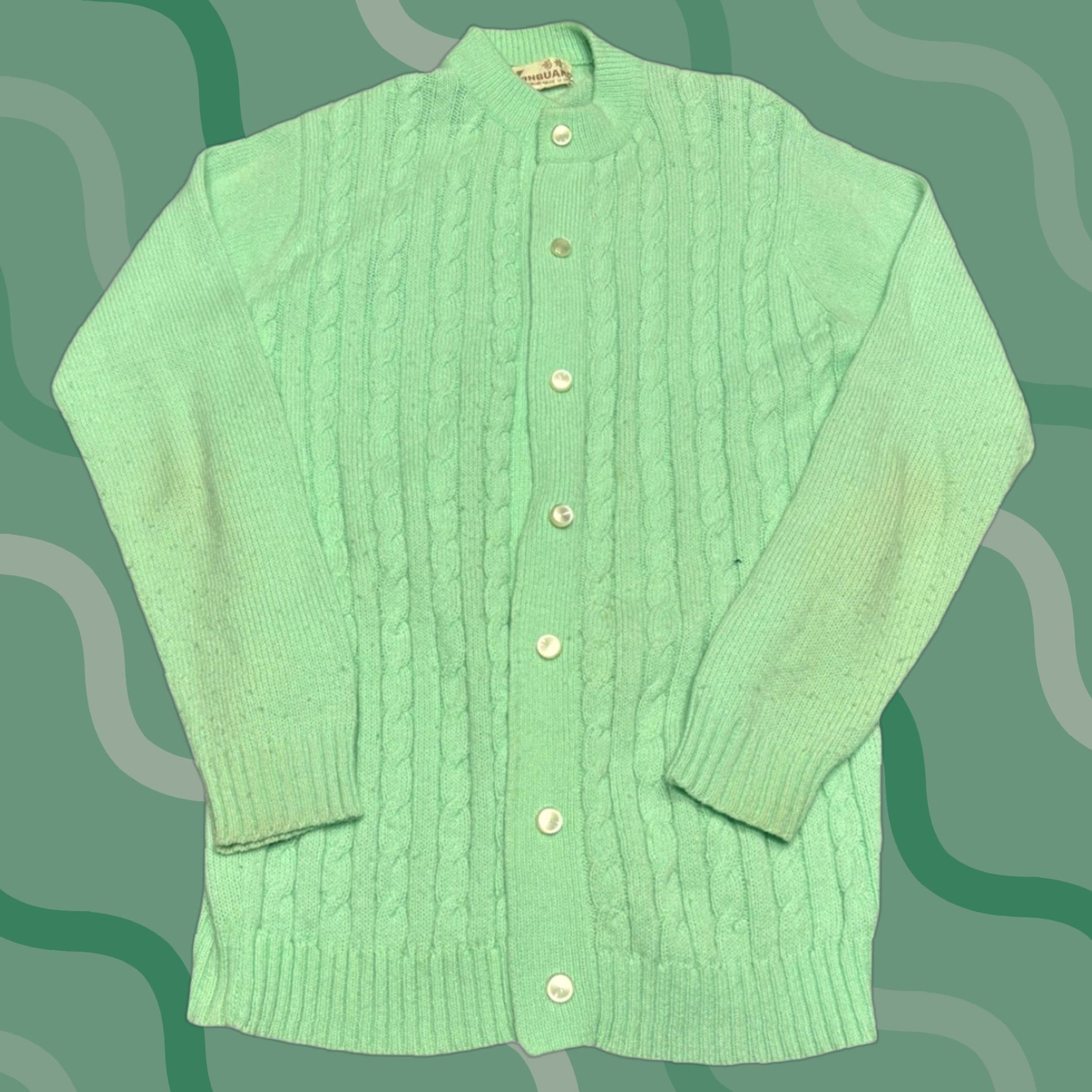 Vintage VINTAGE mint green cardigan sweater Women L Cable-Knit Crew Neck Long Sleeve Pockets 80s All Seasons Button Knit Acrylic Size L / US 10 / IT 46 - 1 Thumbnail