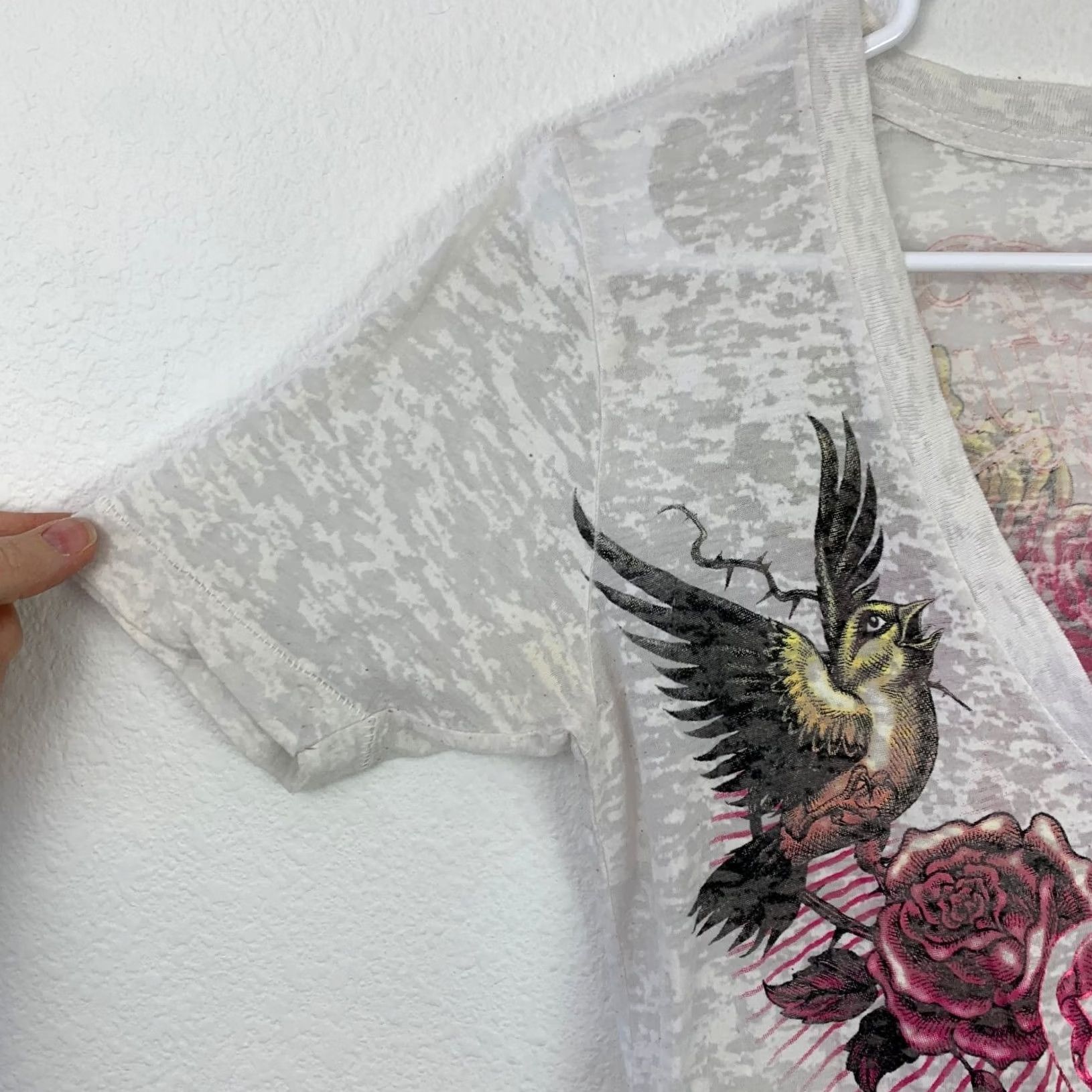 Affliction Sinful Y2K Womens Shirt M Burnout Roses Birds Graphic Grunge White Cotton Blend Size M / US 6-8 / IT 42-44 - 2 Thumbnail