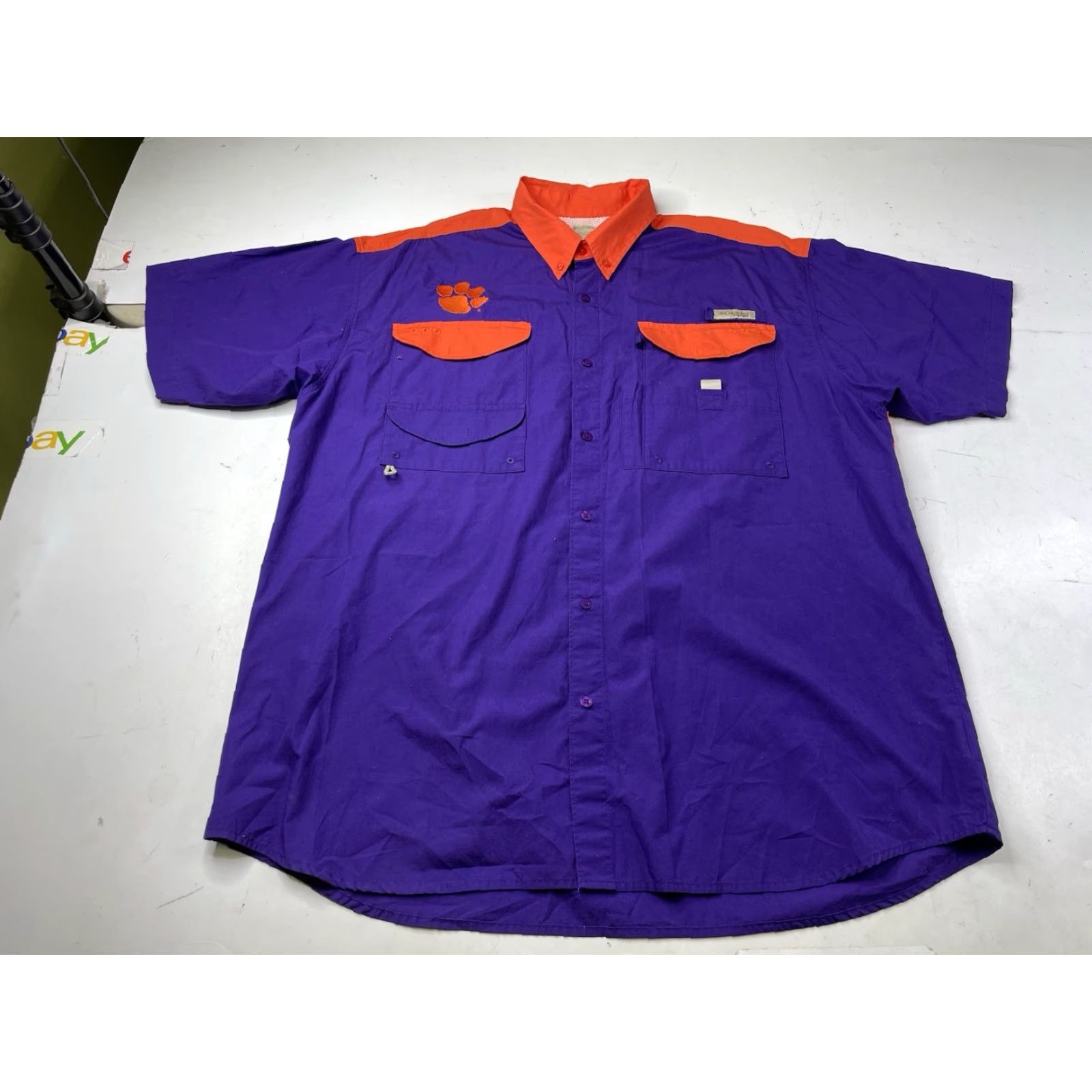 NCAA Columbia Shirt Mens XL Orange Purple Clemson Tigers Button Up NCAA vented Breathable Pockets Embroidered Multicolor Casual Sports University 90s? Size US XL / EU 56 / 4 - 5 Thumbnail