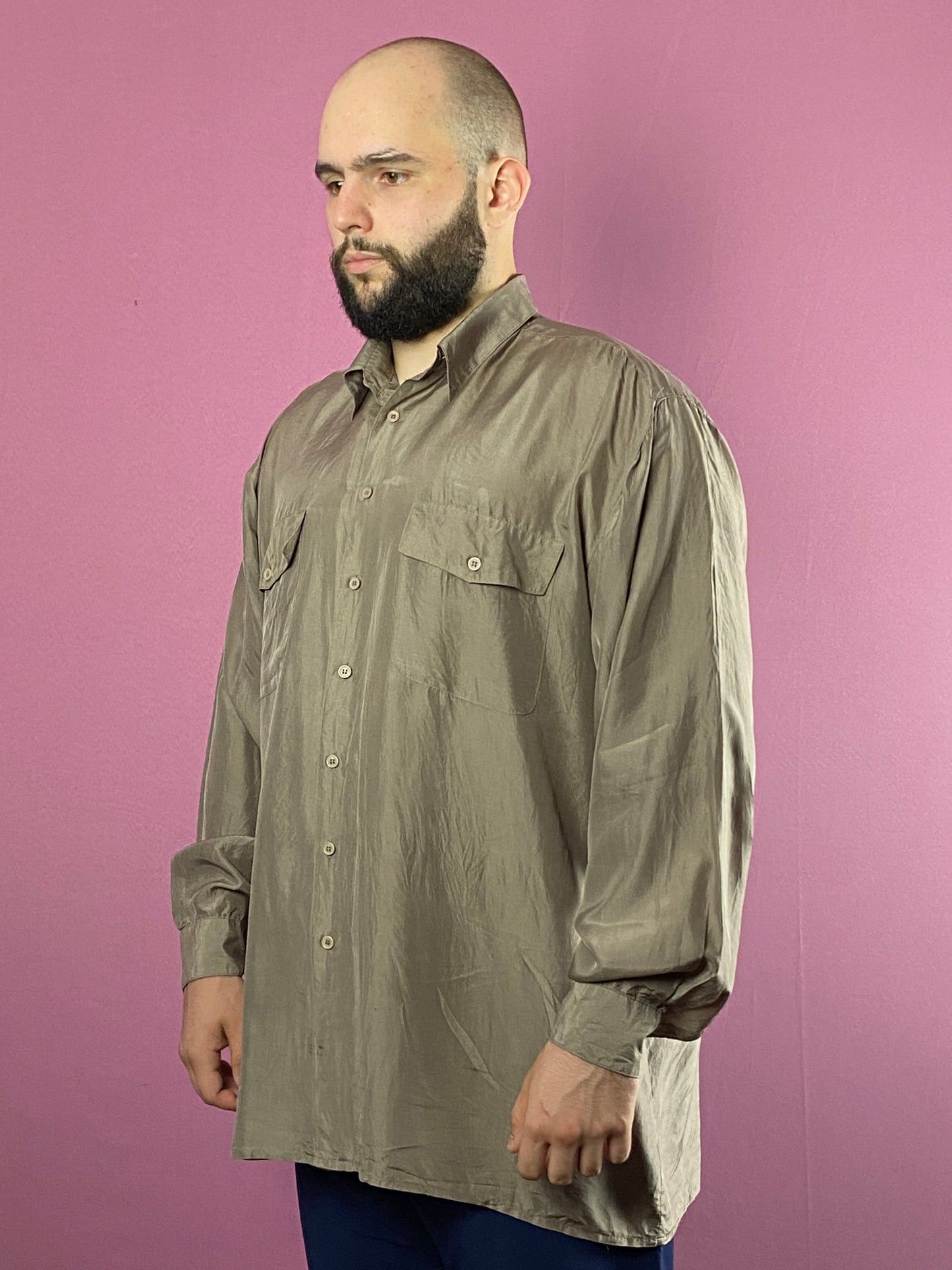 Designer × Vintage 90s Vintage Men's Shirt - L Brown Silk Size US L / EU 52-54 / 3 - 1 Thumbnail