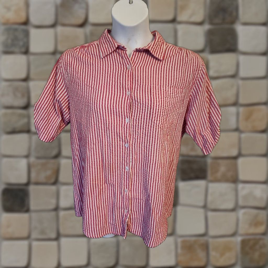 Vintage Woman Within Shirt Womens M Hot Pink Textured Stripe Short Sleeve Top Shirt Sz M Size M / US 6-8 / IT 42-44 - 1 Thumbnail