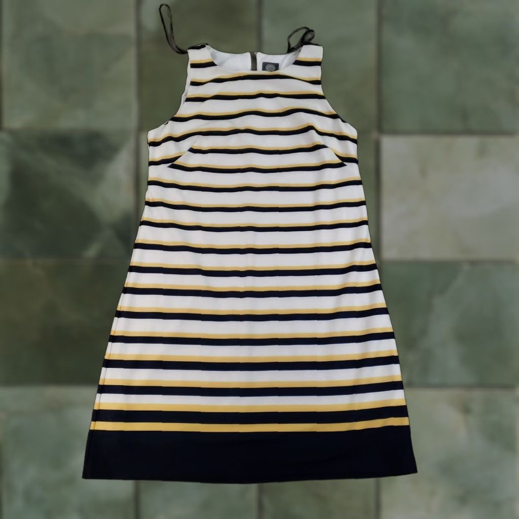 Vince Camuto Dress Womens 14 Blue White Gold Striped Sleeveless Shift Stretch Crew Neck Nautical Casual Business Party/ Cocktail Workwear