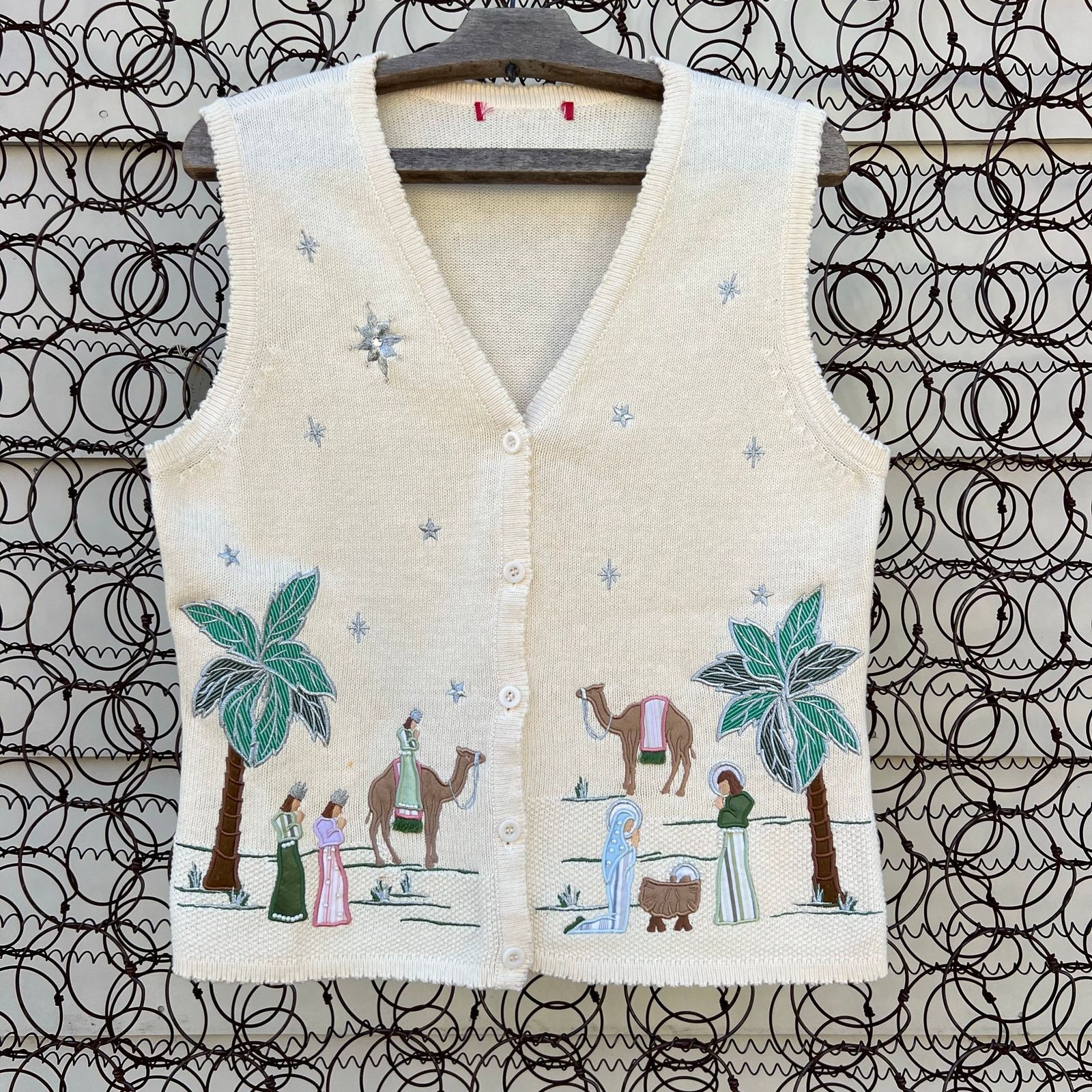 VTG Nativity Sweater Vest Cream Christmas Holiday Baby Jesus