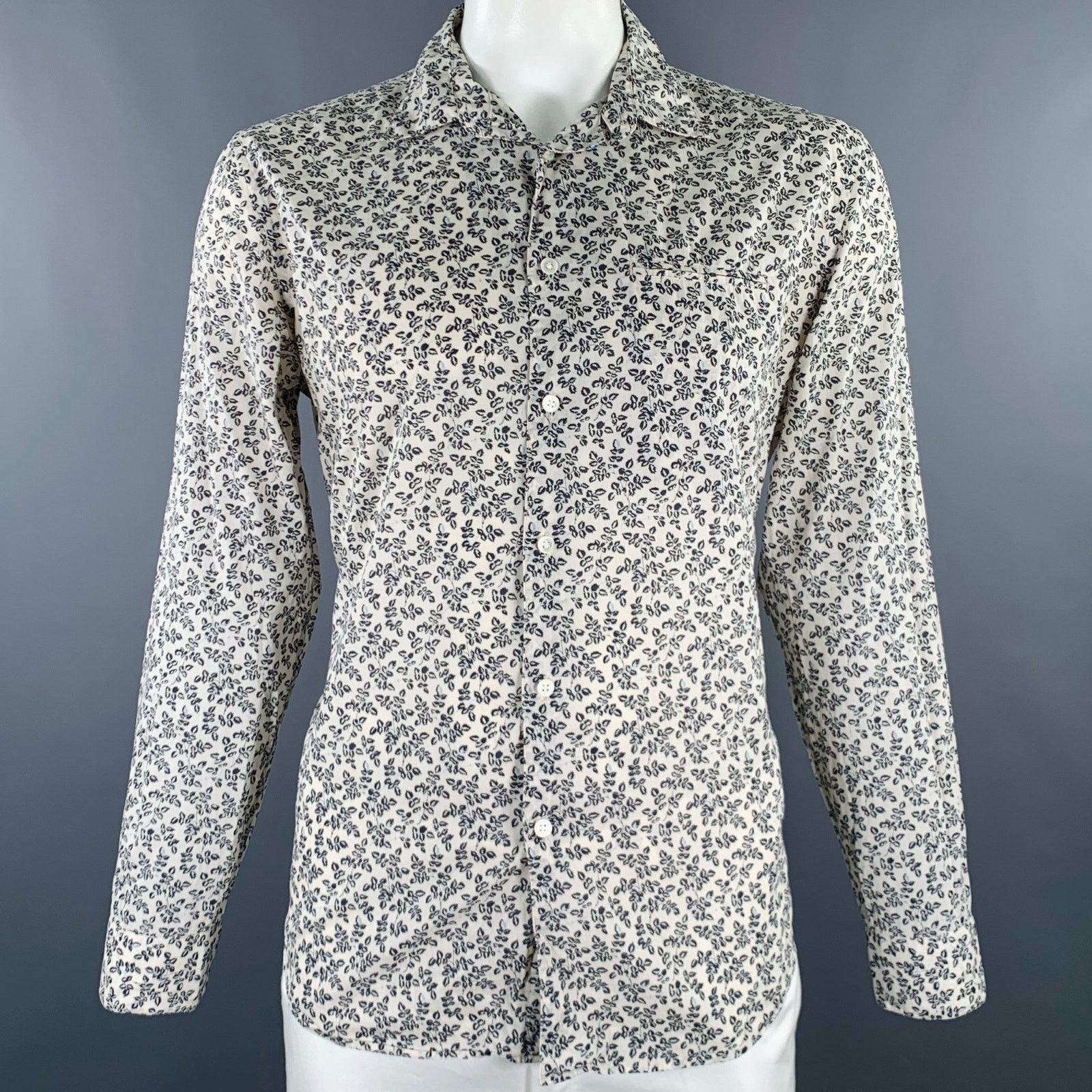 John Varvatos Off White Navy Leaves Cotton One Pocket Long Sleeve Shirt Size US L / EU 52-54 / 3 - 1 Thumbnail