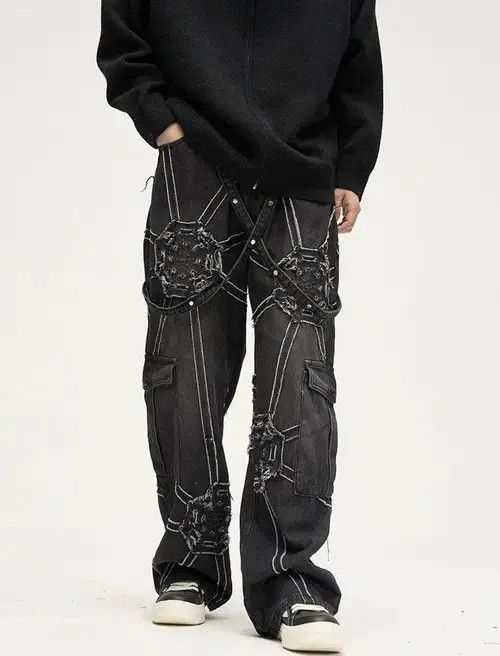 Japanese Brand × Vintage Spider splicing baggy jeans pants hip hop loose straight Size US 32 / EU 48 - 1 Thumbnail