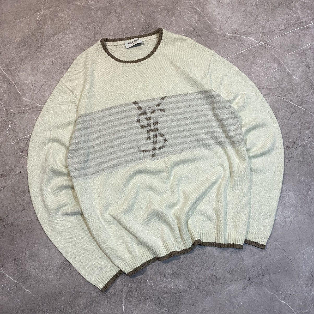 VINTAGE YVES SAINT LAURENT YSL BIG LOGO SWEATER BEIGE 00s