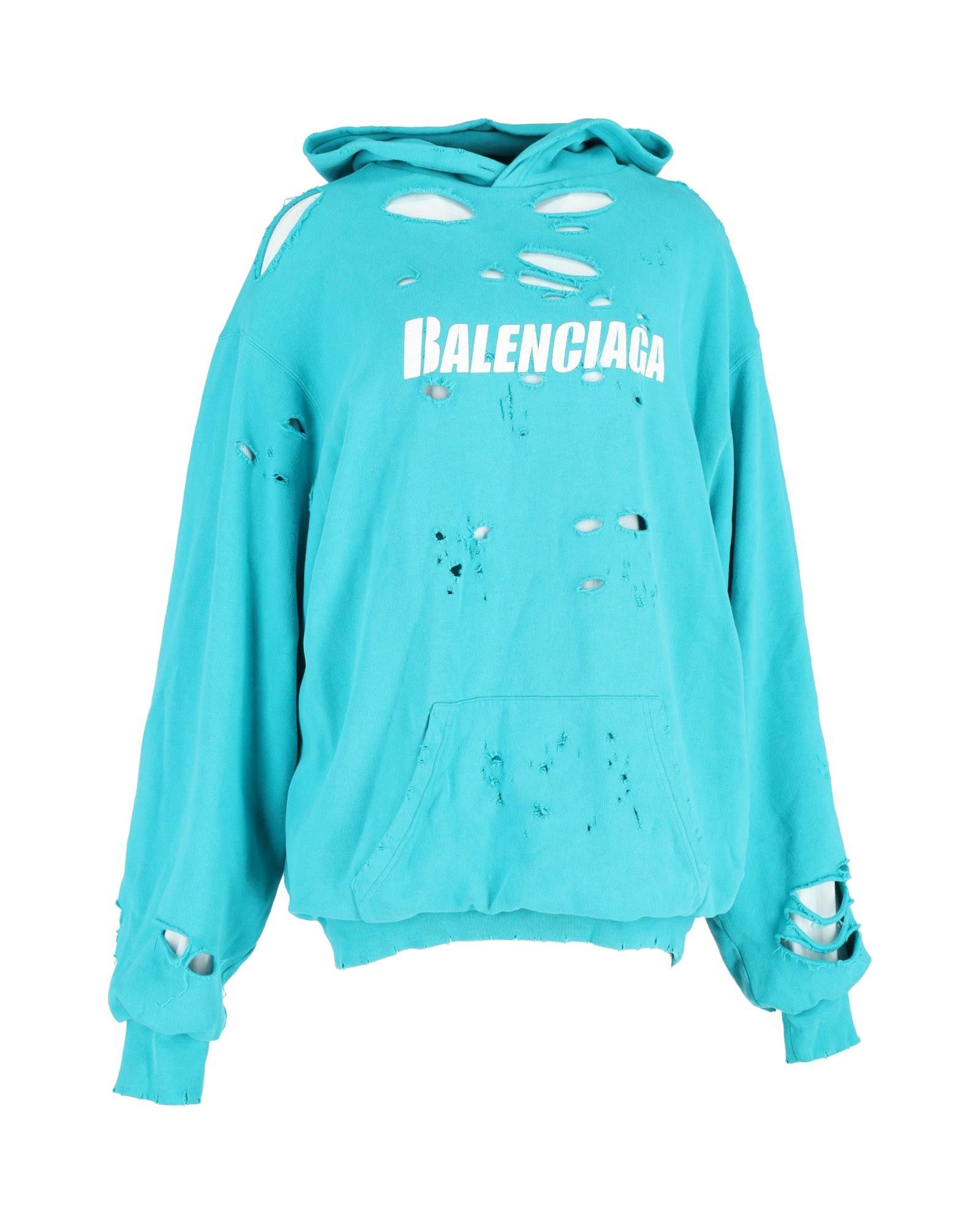 Image of Balenciaga Double-Layer Destroyed Hoodie In Turquoise Cotton, Women's (Size XS)