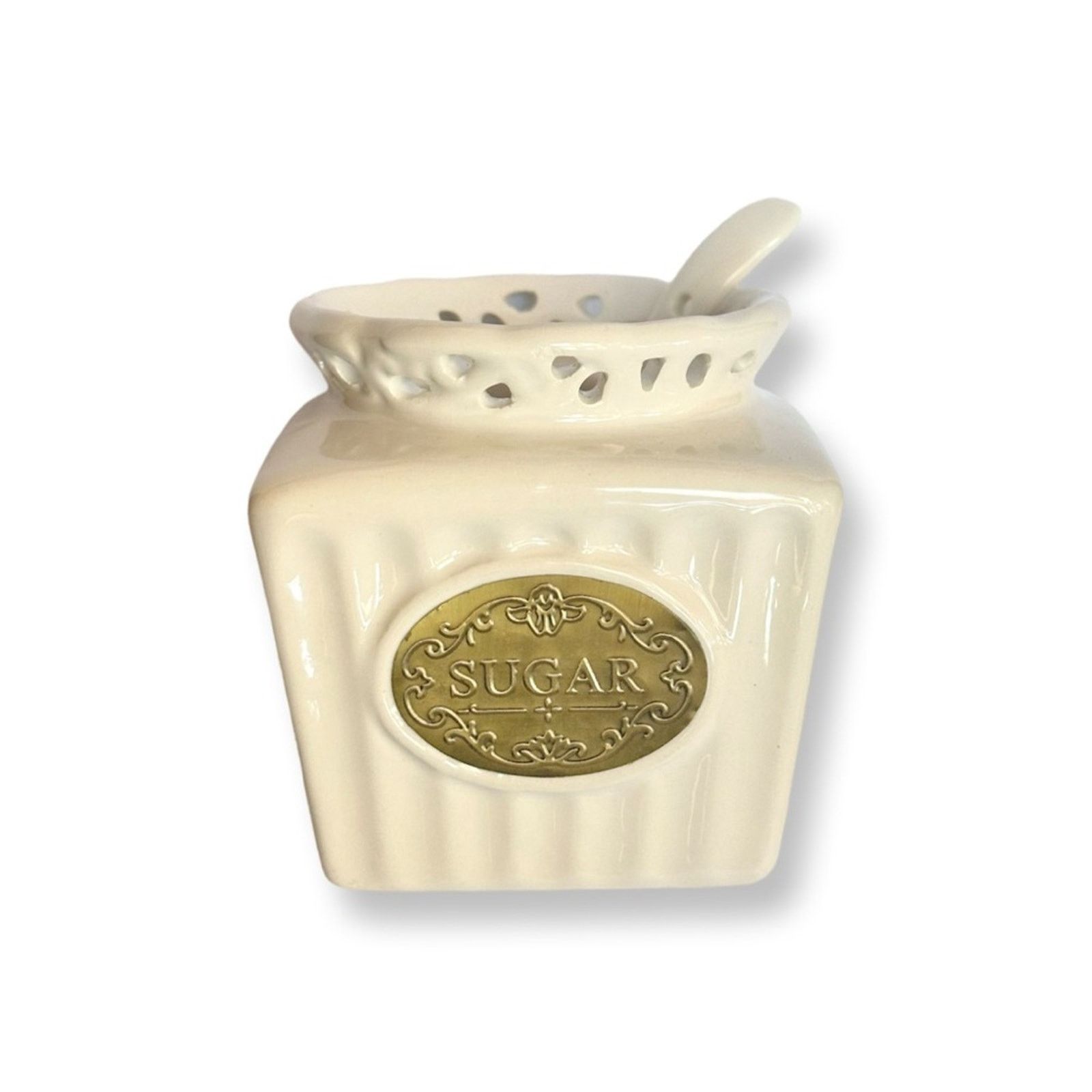 Vintage Elegant White Ceramic Sugar Jar With Spoon Size ONE SIZE - 3 Thumbnail