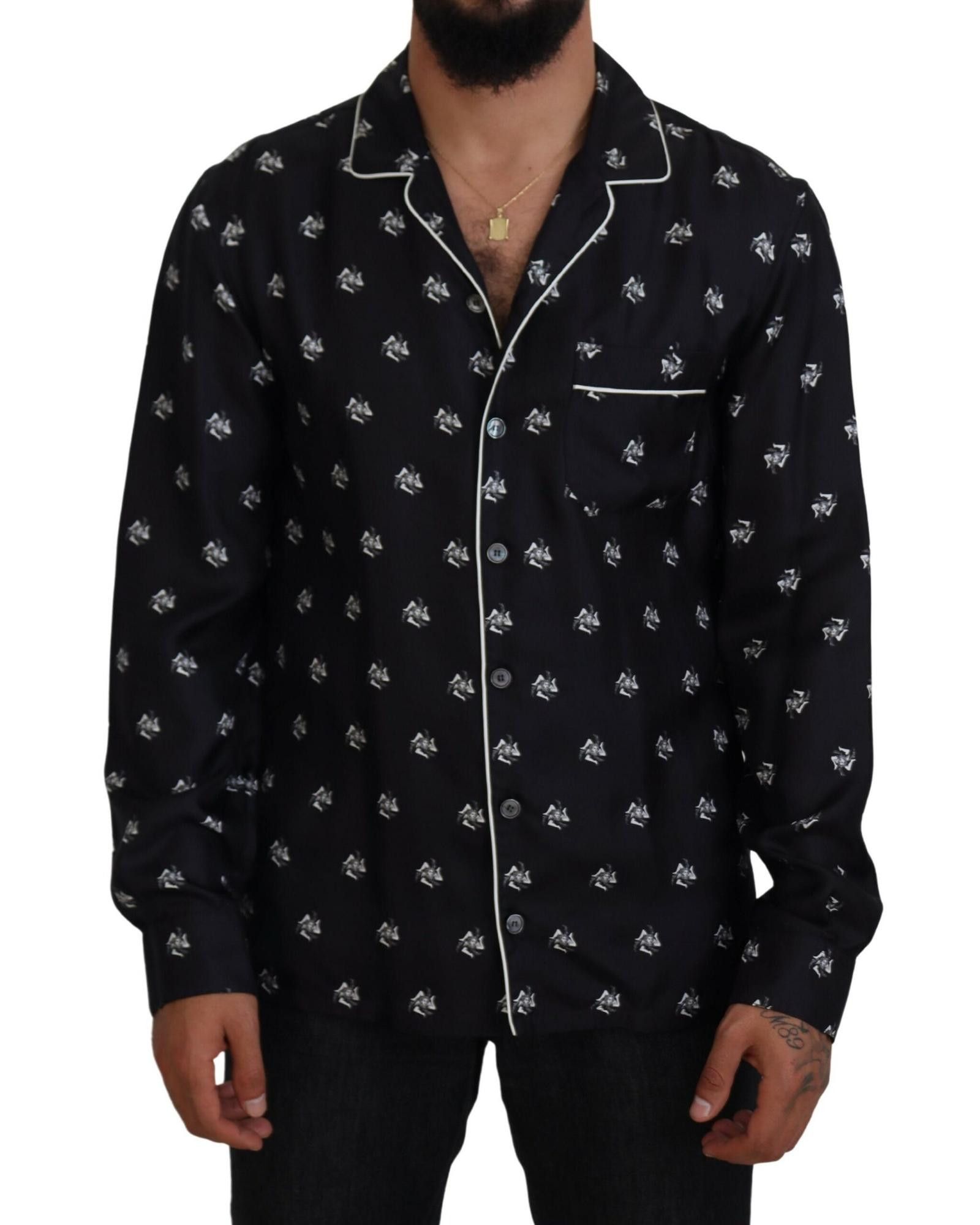 Image of Dolce Gabbana Printed Collared Long Sleeve Pajama Top in Black, Men's (Size Small)