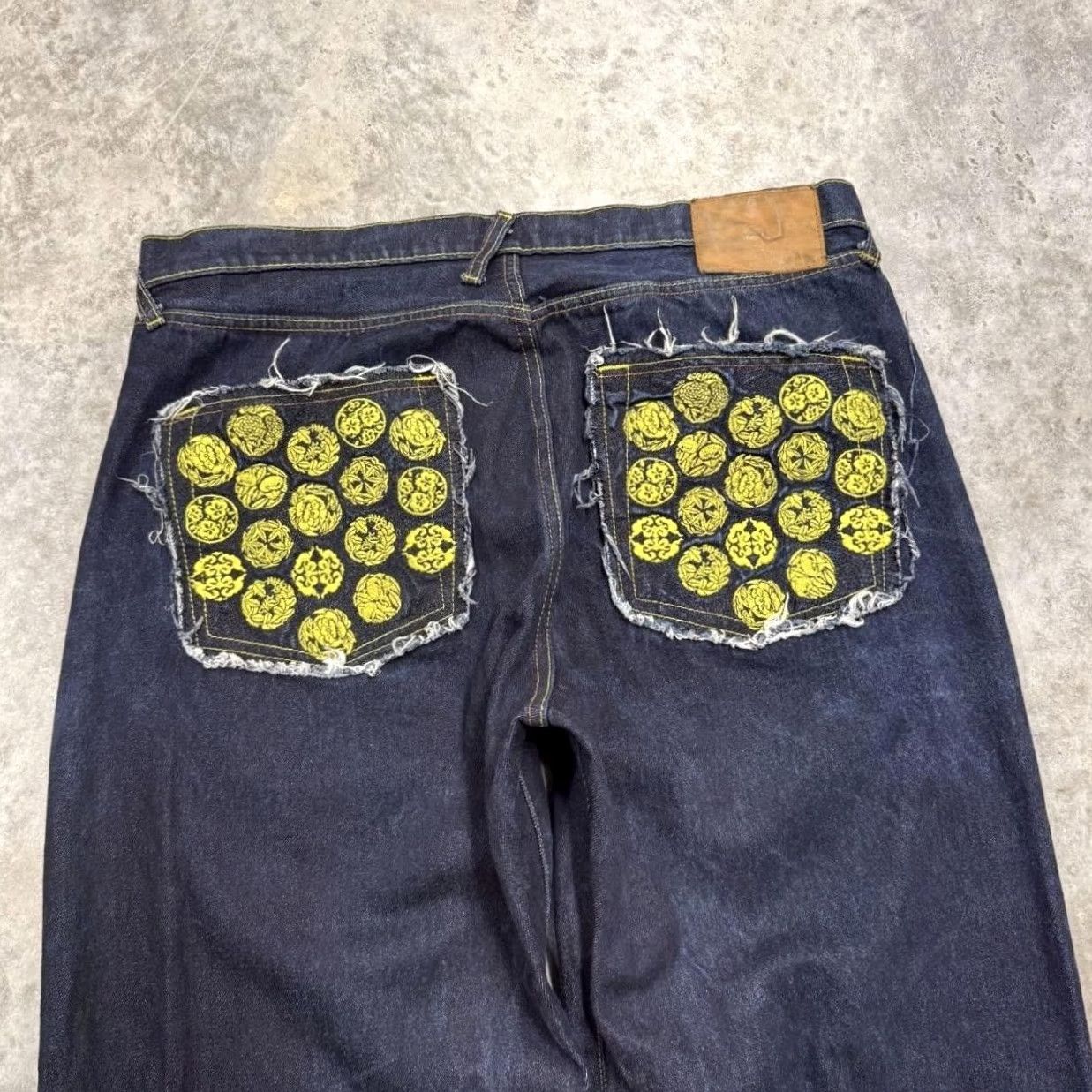 RMC Jeans Red Monkey Jeans Mens 38x32 Denim Pockets Rare Wide Leg Selvedge Distressed Embroidered Blue 90s Vintage Art Tattoo Japanese Clearance Size US 38 / EU 54 - 3 Thumbnail