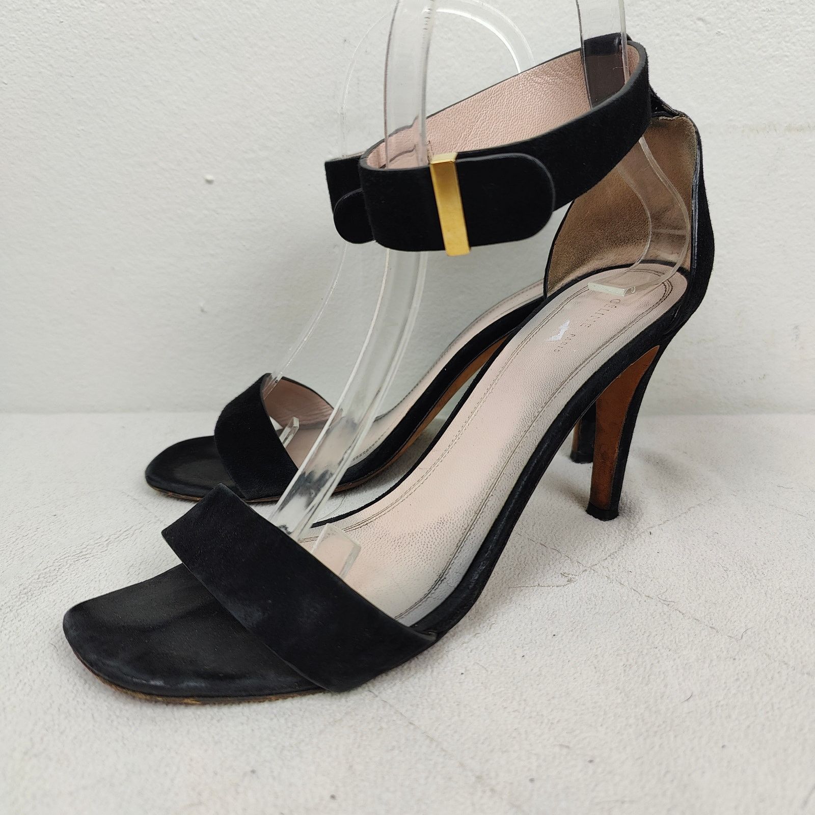 Celine Suede Ankle Wrap Sandals Womens 7.5 37.5 Black Heel Shoes