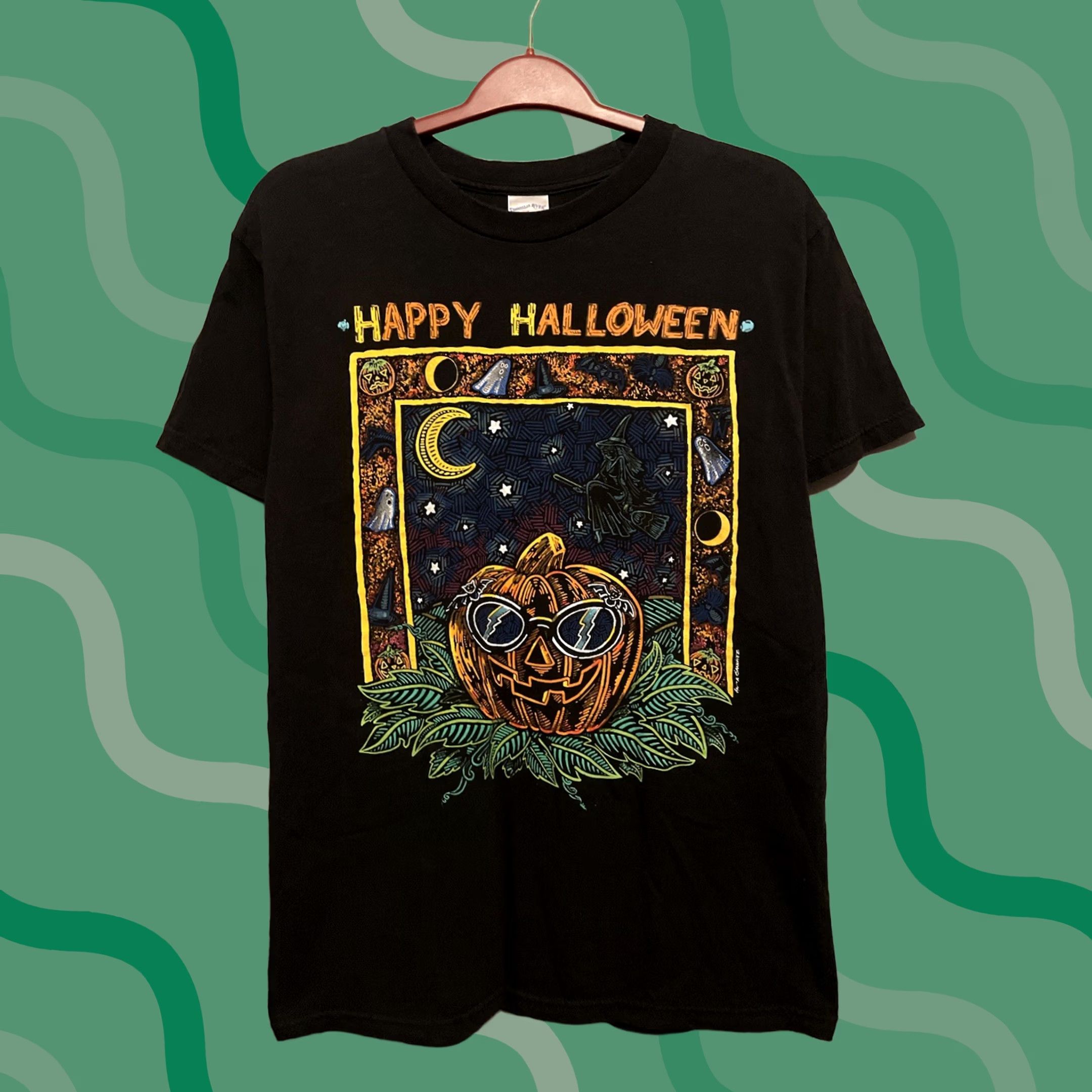 Vintage VINTAGE 1990s Halloween Pumpkin T-Shirt Men M Black Cotton Blend Graphic Tee | Tennessee River | Crew Neck | Jack O Lantern Theme Size US M / EU 48-50 / 2 - 1 Thumbnail
