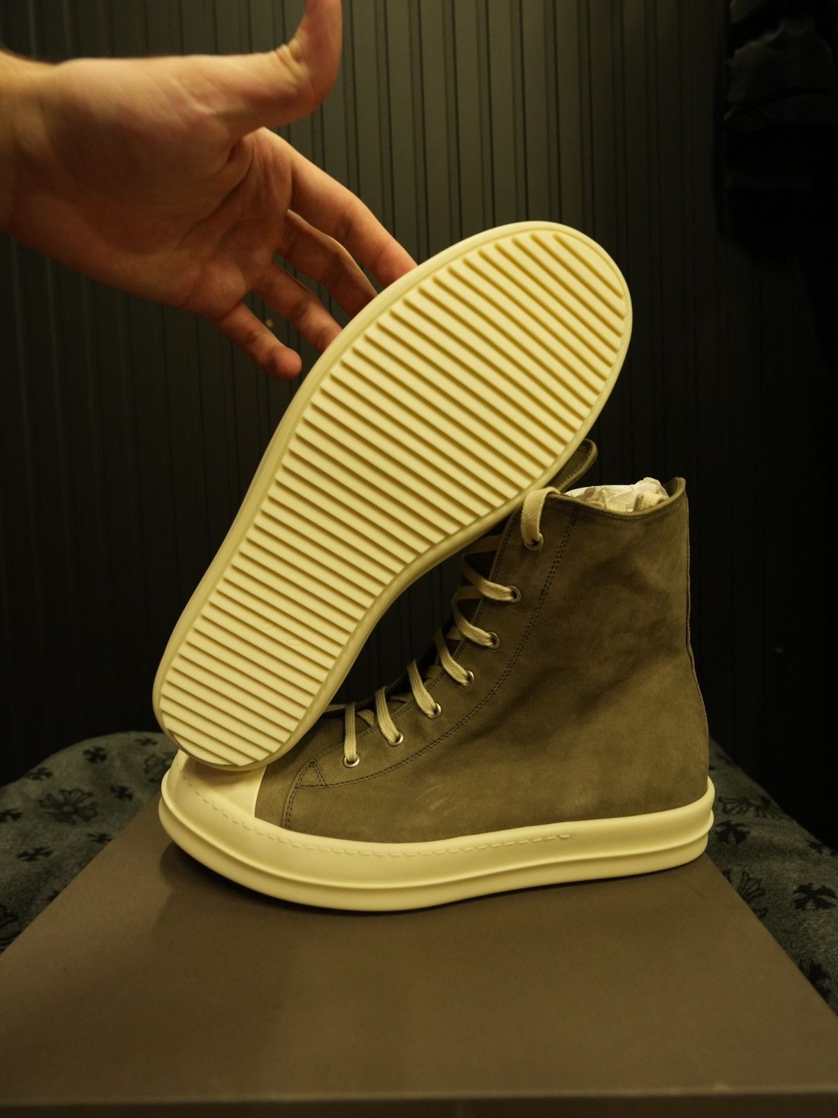 Rick Owens × Rick Owens Drkshdw Rick Owens Dust Grey Nubuck High Top Sneakers Size US 12 / EU 45 - 3 Thumbnail