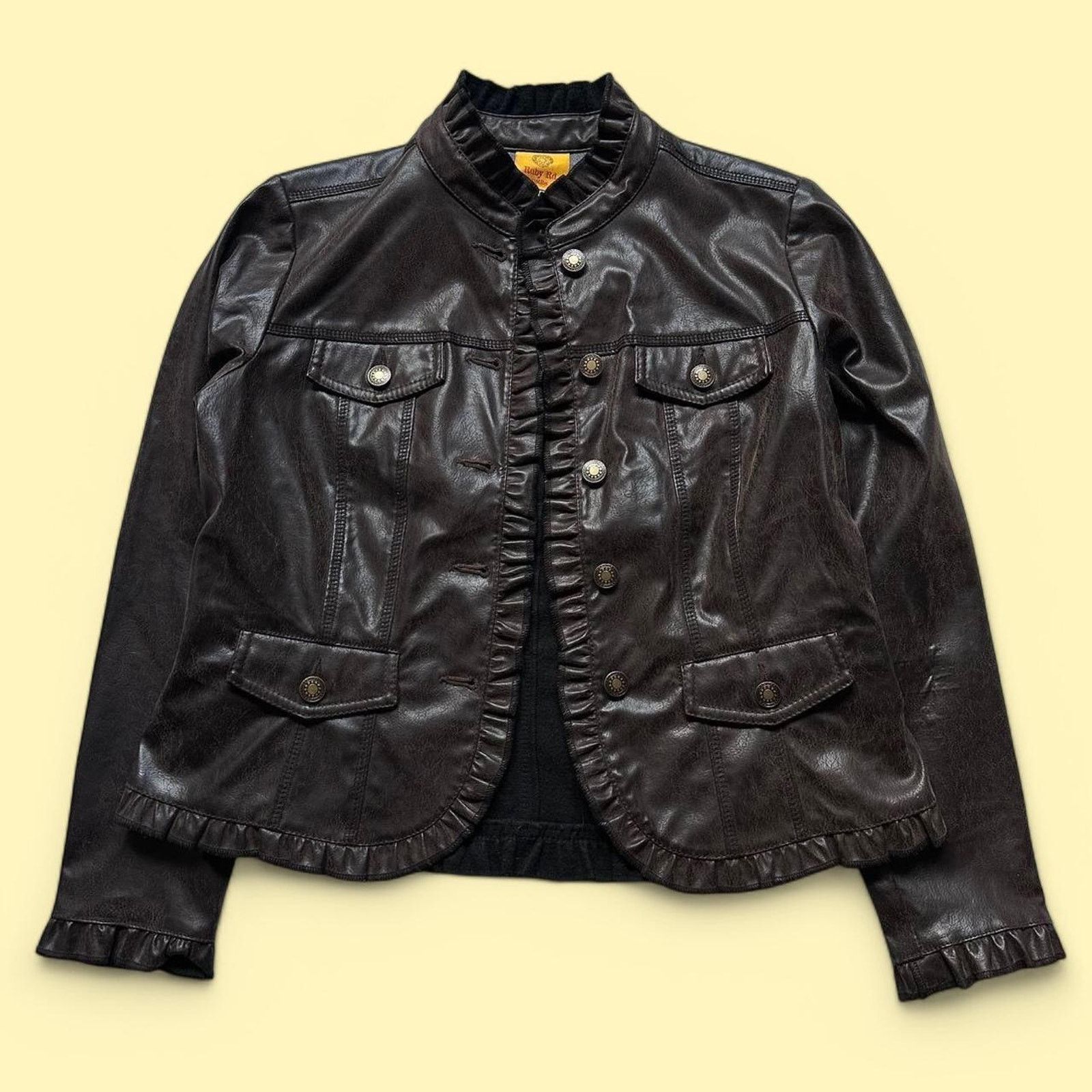 Vintage Vintage Y2K Ruffle Faux Leather Brown Tight Crop Jacket Size S / US 4 / IT 40 - 1 Thumbnail
