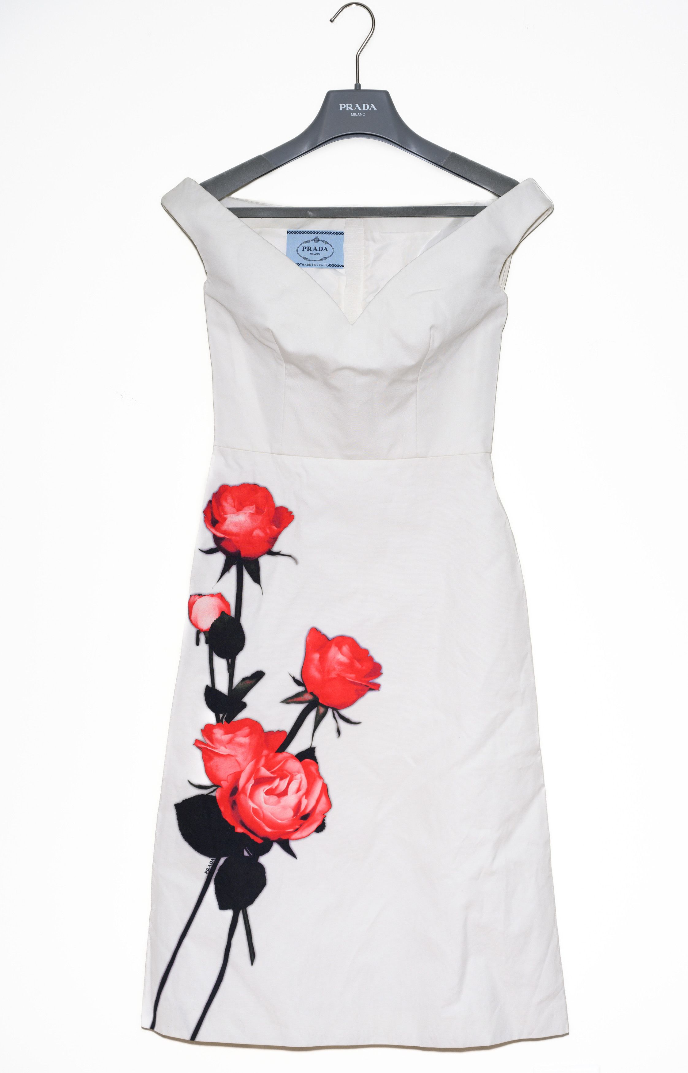 Image of Prada Rose-Print Off-The-Shoulder Dress Dress, Size It 38 in White, Women's