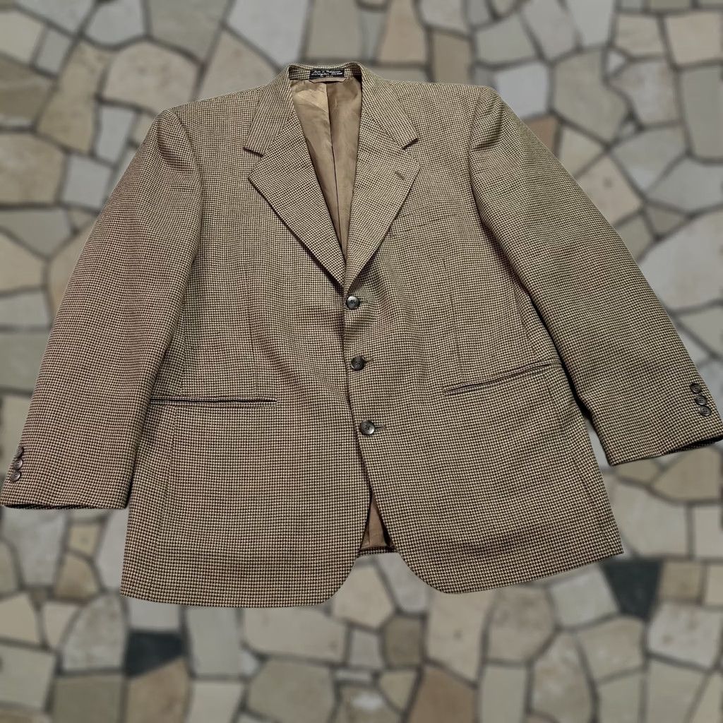 Hardy Amies Hardy Amies Blazer Mens 42 Brown Houndstooth Wool Blend Three-Button Jacket Coat Size 42R - 1 Thumbnail