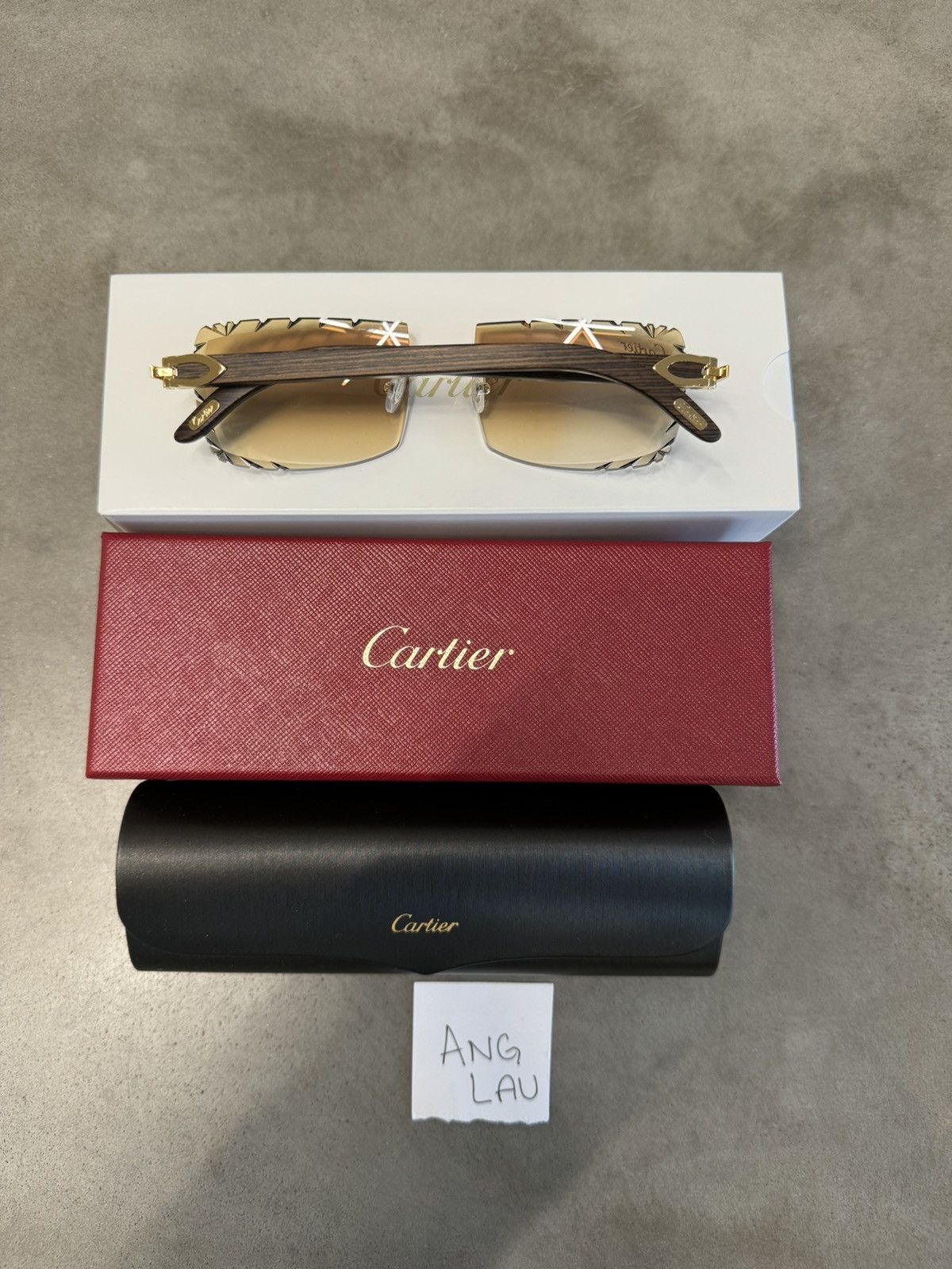 Cartier Gold Brown Wood Frames with Diamond Cut Sunglasses