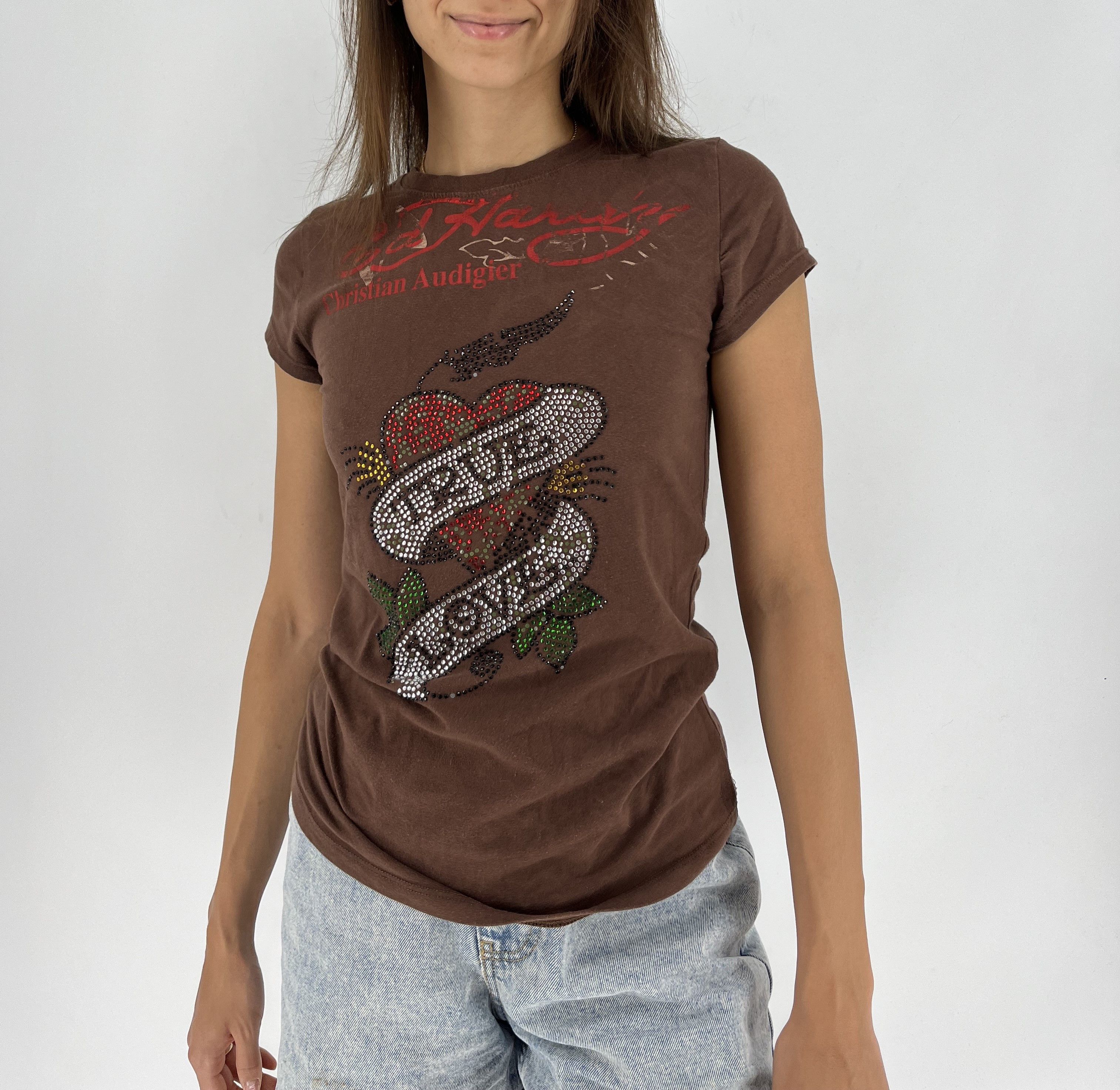 Christian Audigier × Ed Hardy Vintage Y2K Christian Audigier Women’s Rhinestones T-Shirt Size L / US 10 / IT 46 - 4 Thumbnail