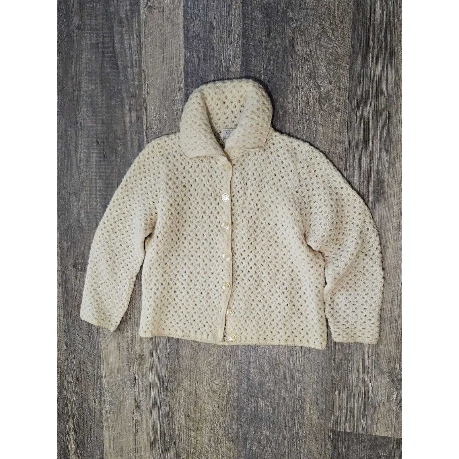 image of 1960S Sears Mohair Wool Orlon Acrylic Cardigan Sweat in Ivory, Women's (Size Small)