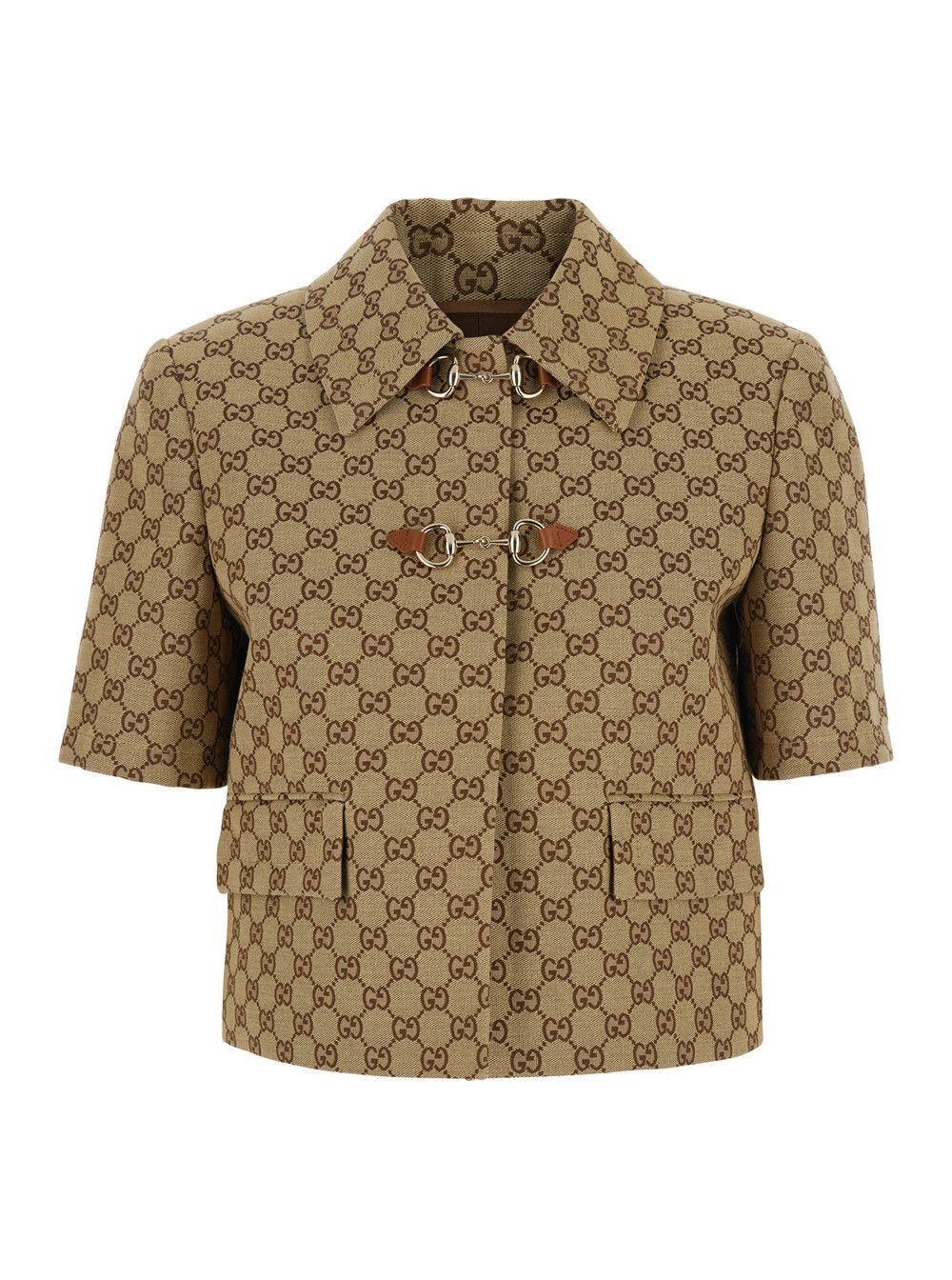 Beige Jacket with Spread Classic Collar and Horsebit on the Front in GG Canvas Woman