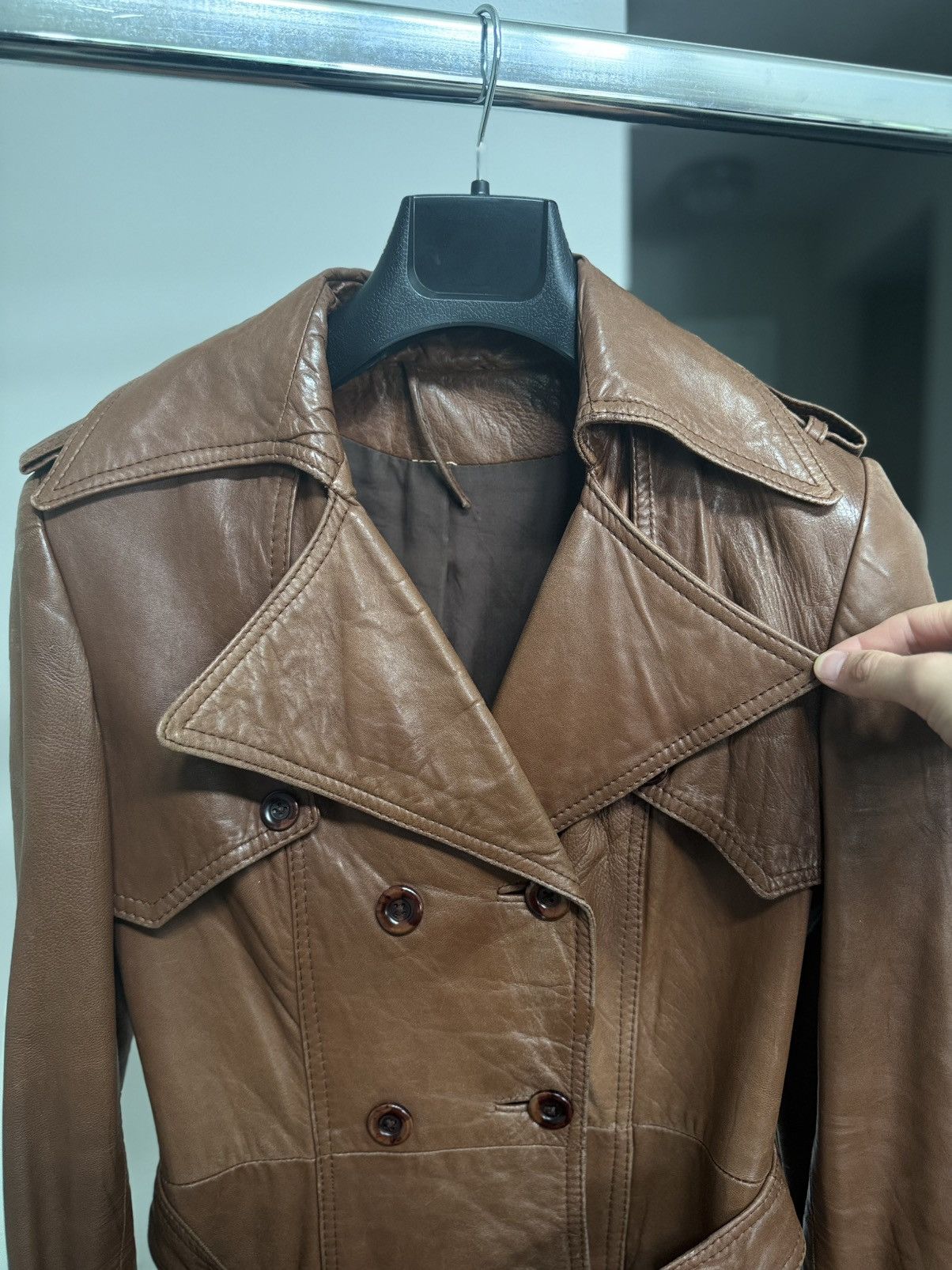 Other 80s Brown Leather Trench Coat Full Belt Wrist Buckles Size S / US 4 / IT 40 - 17 Thumbnail
