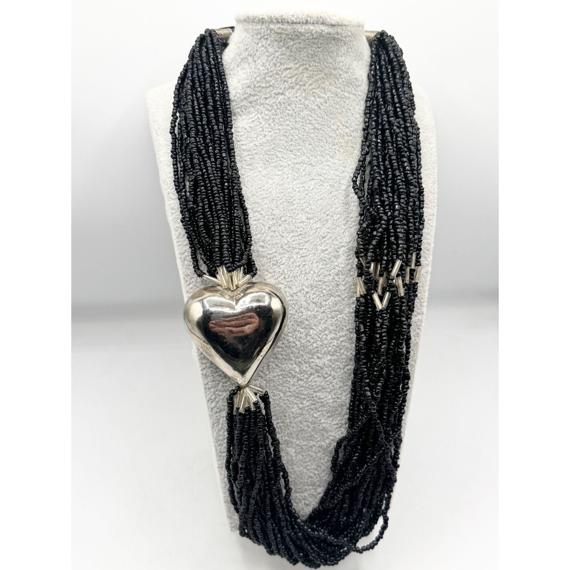 Vintage Made in India Silver Puffy Heart Multi Strand beaded Necklac Size ONE SIZE - 3 Thumbnail