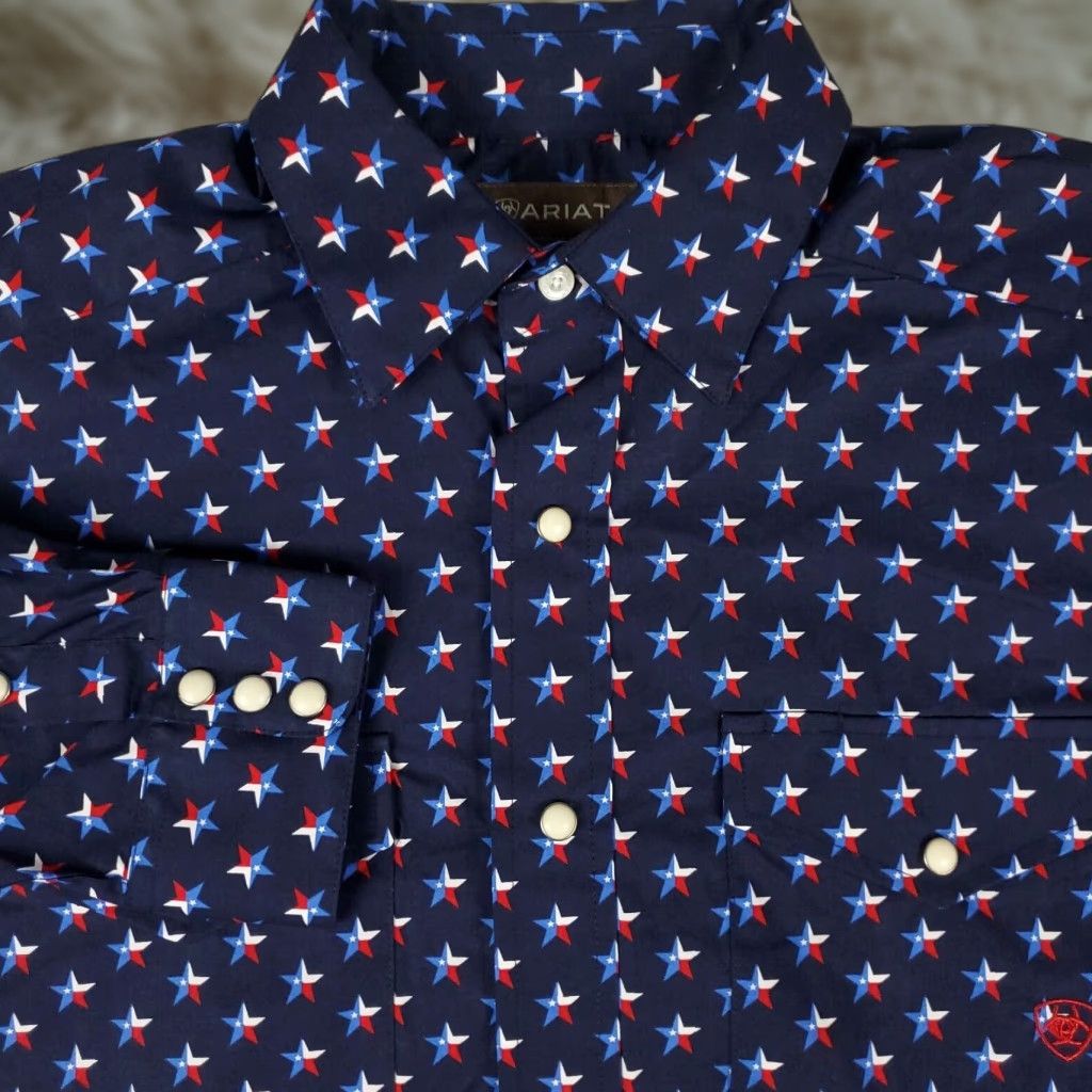 Ariat Shirt Mens Small Blue Western Pearl Snap Button Long Sleeve Star Print?