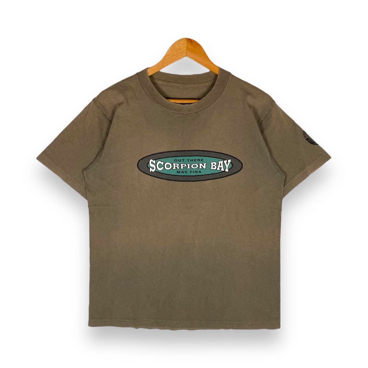 image of Surf Style x Vintage 90's Scorpion Bay Mas Fina Logo Sunfaded Surfing Tee in Brown (Size Medium)