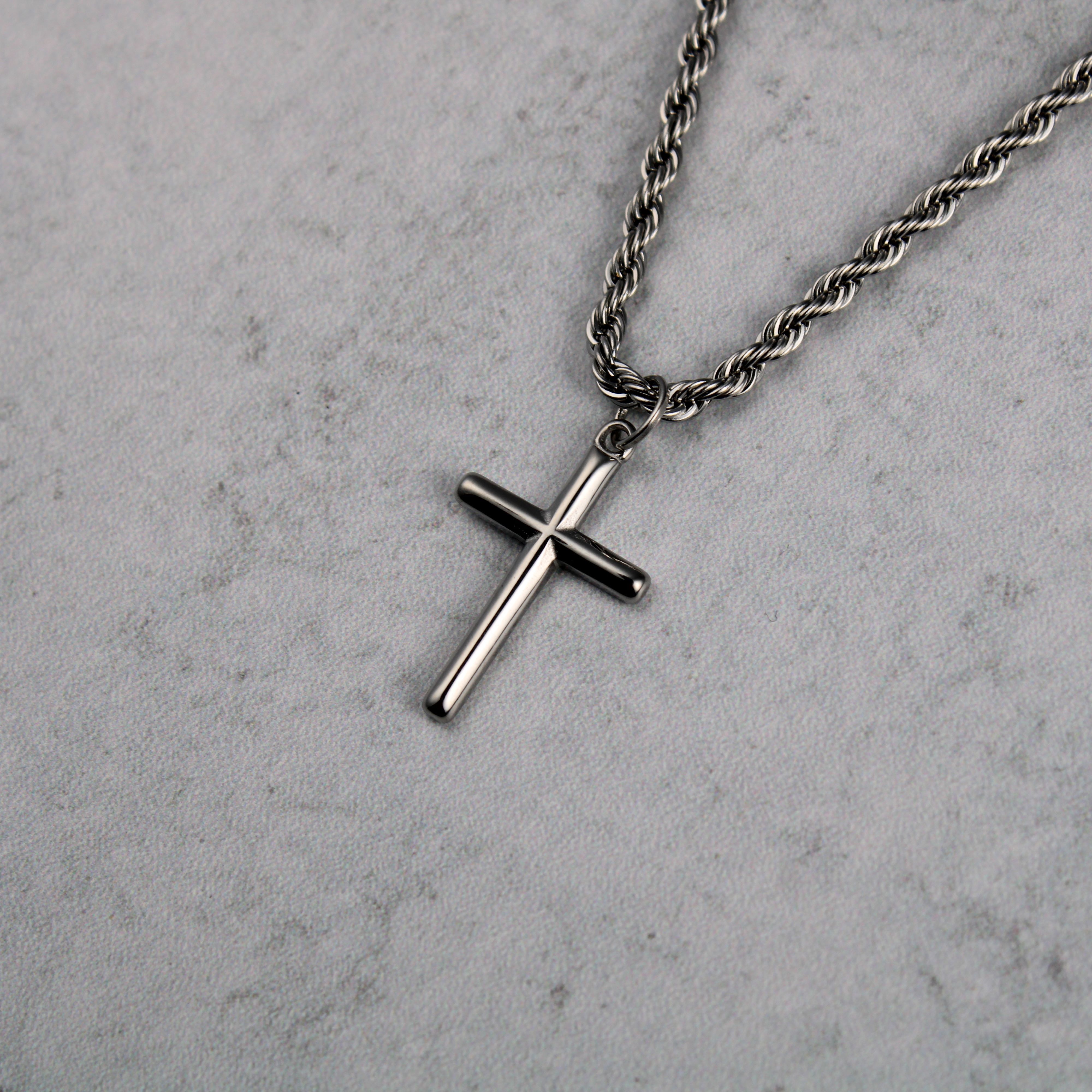 Jewelry Silver Cross Pendant Necklace With Rope Chain Size ONE SIZE - 1 Thumbnail