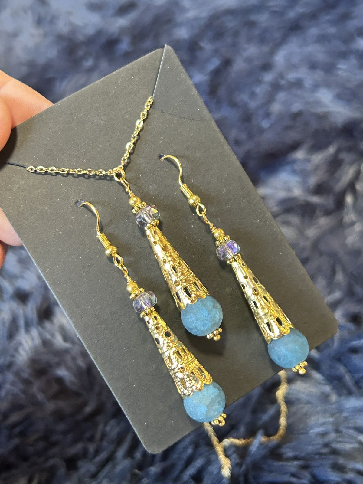 Handmade Handcrafted blue crackle glass gold filigree coil set Size ONE SIZE - 1 Thumbnail