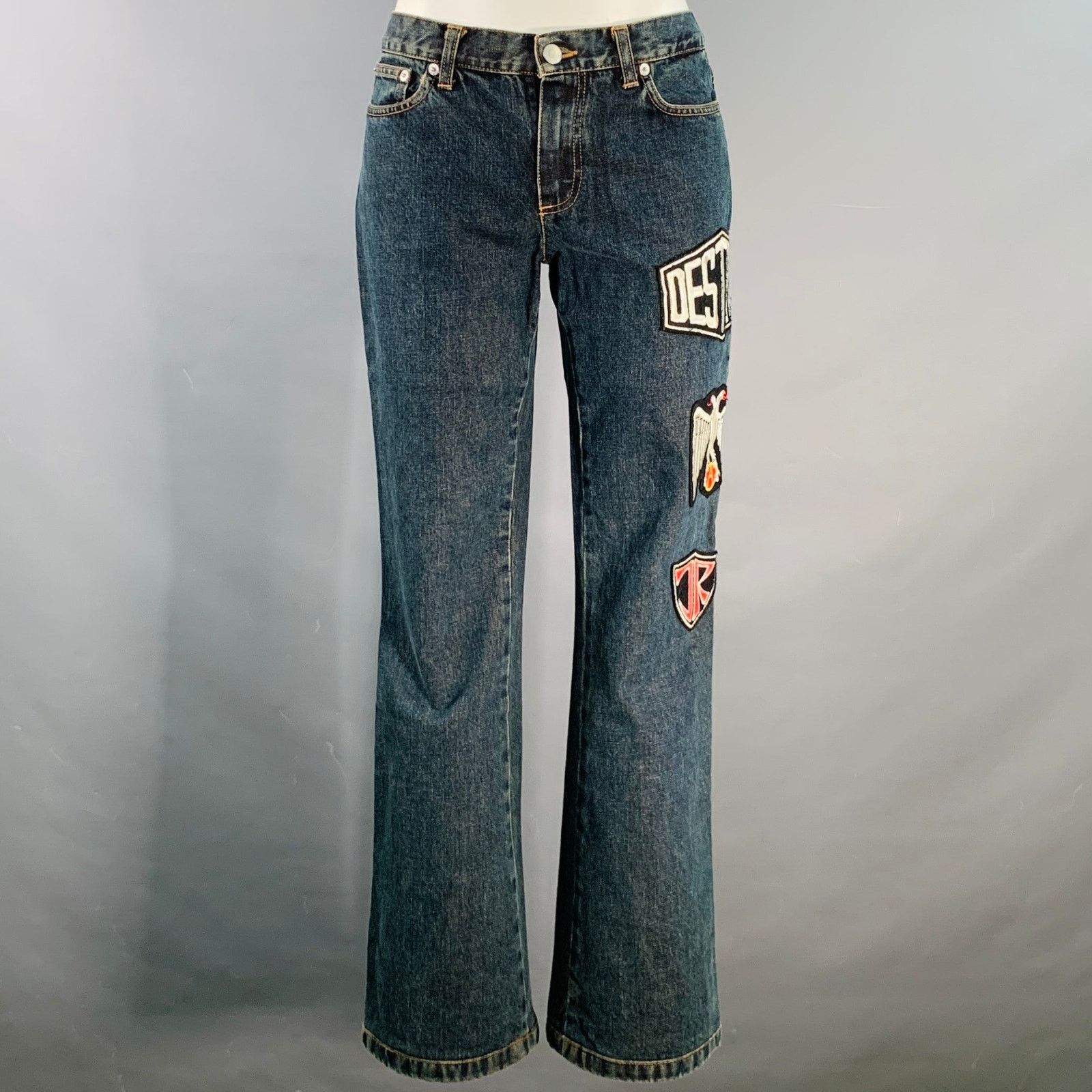 John Richmond Size 27 Indigo Black Red Denim Twill Patches Flared Jeans Size 27" / US 4 / IT 40 - 1 Thumbnail