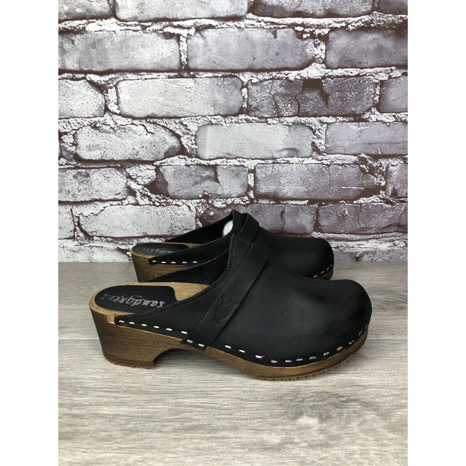 Other Sandgrens Handmade Swedish Black Nubuck Leather Wood Clogs W Size US 6 / IT 36 - 3 Thumbnail
