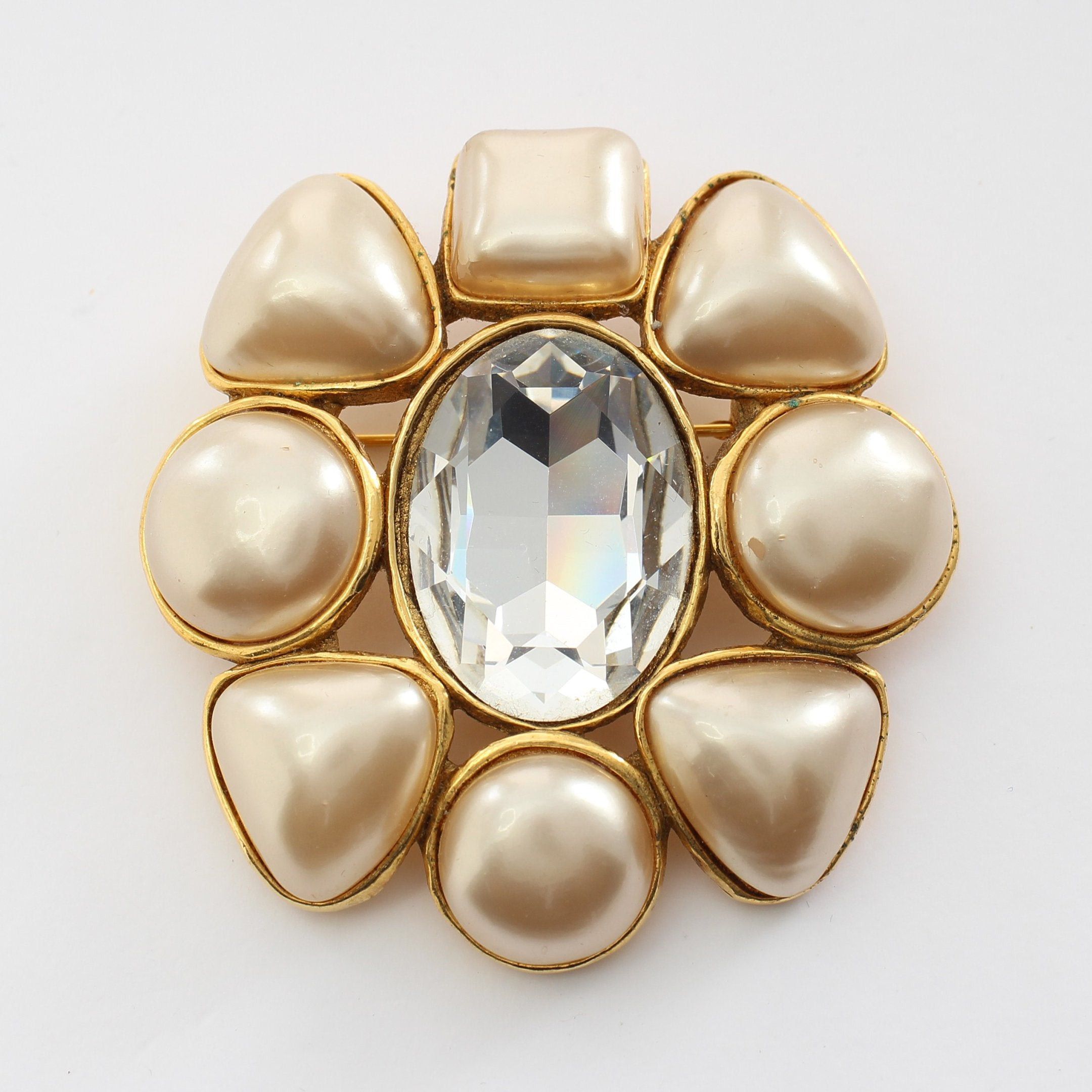 image of Chanel Brooch Fake Pearl Rhinestone Gp Off White Gold Clear 26, Women's