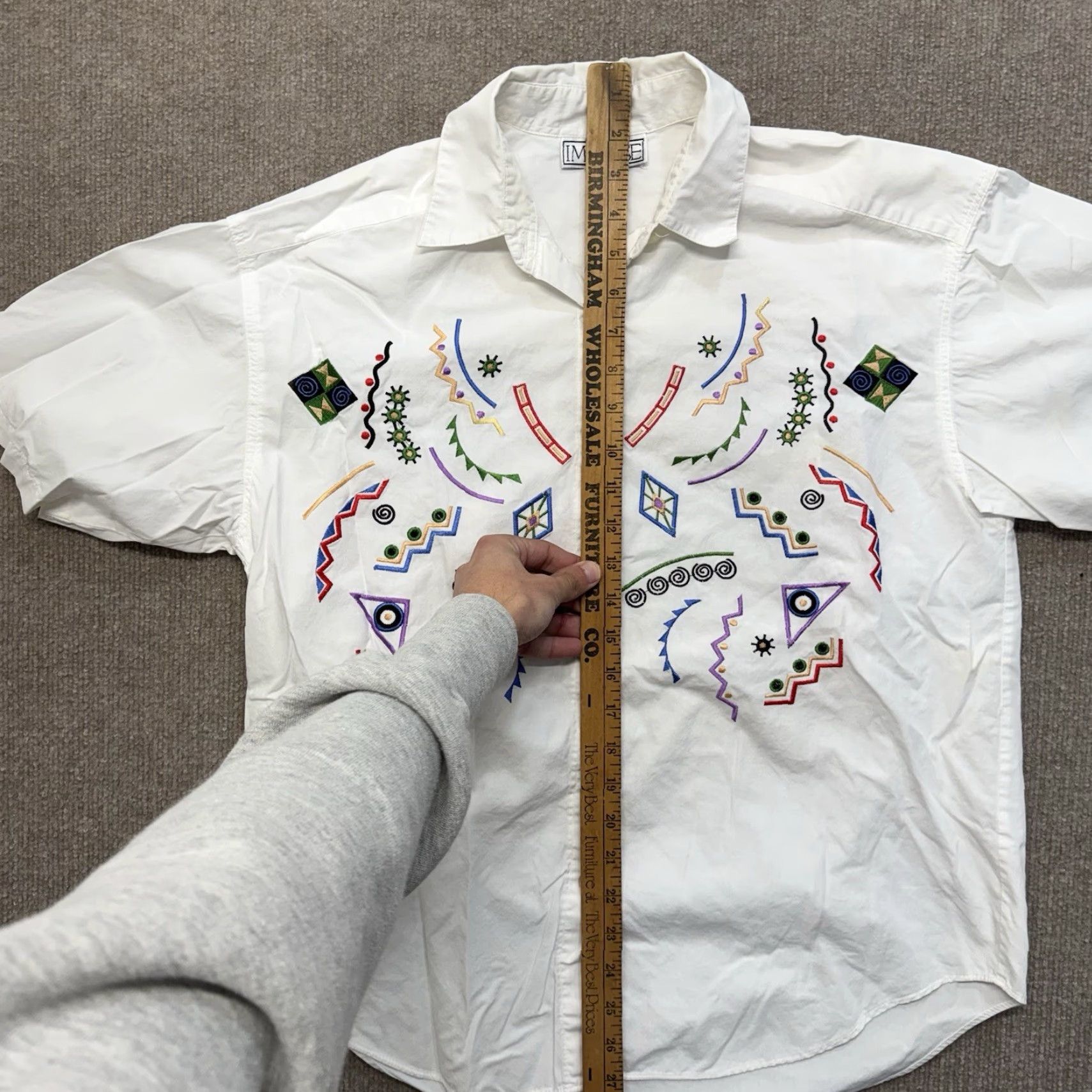 Vintage VINTAGE Impulse Shirt Womens M Button-Up Embroidered Abstract 80s Geometric White Crew Neck Short Sleeve Cotton Blend Asymmetrical Sleeve Mens? Size M / US 6-8 / IT 42-44 - 5 Thumbnail