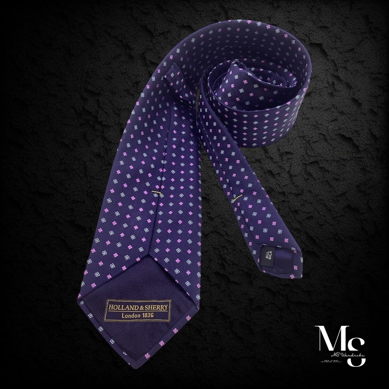 Holland & Sherry HOLLAND & SHERRY Blue Geometric Silk Tie Hand Made In USA W: Size ONE SIZE - 2 Thumbnail
