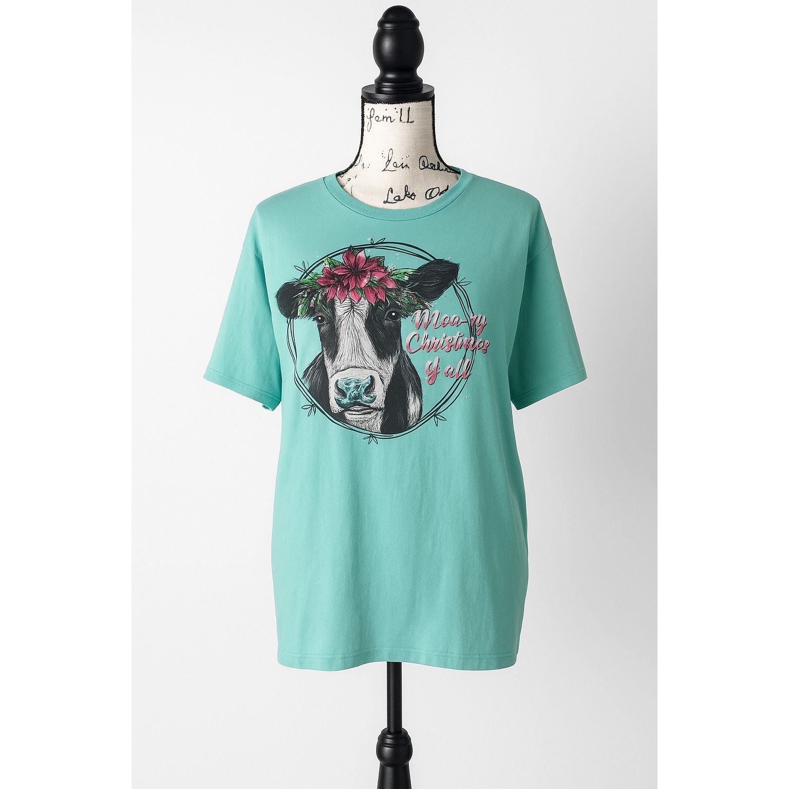 Other “Moo-ry Christmas Y’all” Cow Graphic Tee | Turquoise Holiday Size L / US 10 / IT 46 - 1 Thumbnail