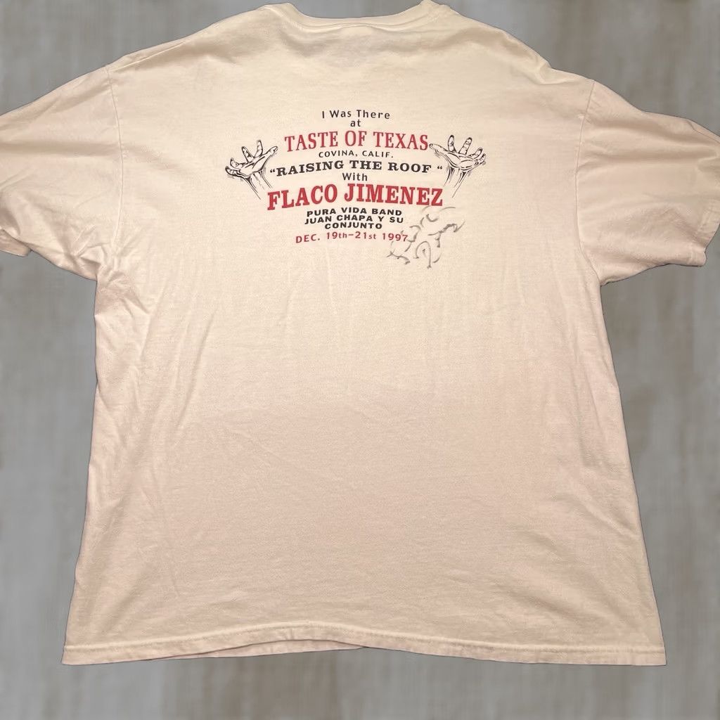 Hanes VINTAGE Flaco Jimenez Shirt Hanes T-Shirt Men’s XL White 1990s Signature Band Pura Vida Taste Of Texas 1997 Signed Size US XL / EU 56 / 4 - 1 Thumbnail