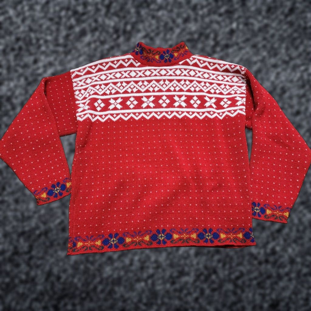 Vintage VINTAGE Gotham Womens Large Fair Isle Floral Sweater 80s Red Cotton Blend Knit Pullover Long Sleeve Round Neck Casual Fall Winter Seasonal Size L / US 10 / IT 46 - 1 Thumbnail