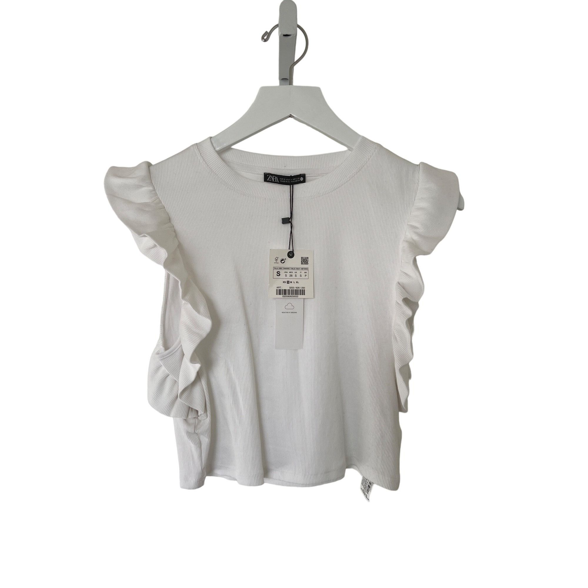 Zara Zara White Sleeveless Ribbed Ruffle Detail Crop Top Size S / US 4 / IT 40 - 1 Thumbnail